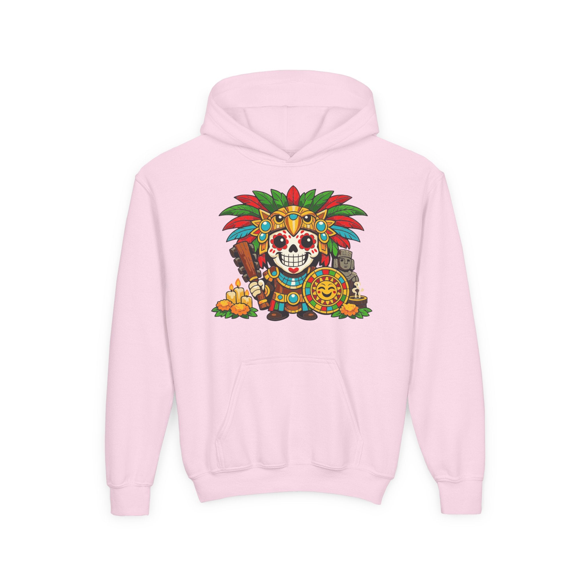 Youth Hoodie — Colorful Aztec Sugar Skull & Warrior Kids Pullover