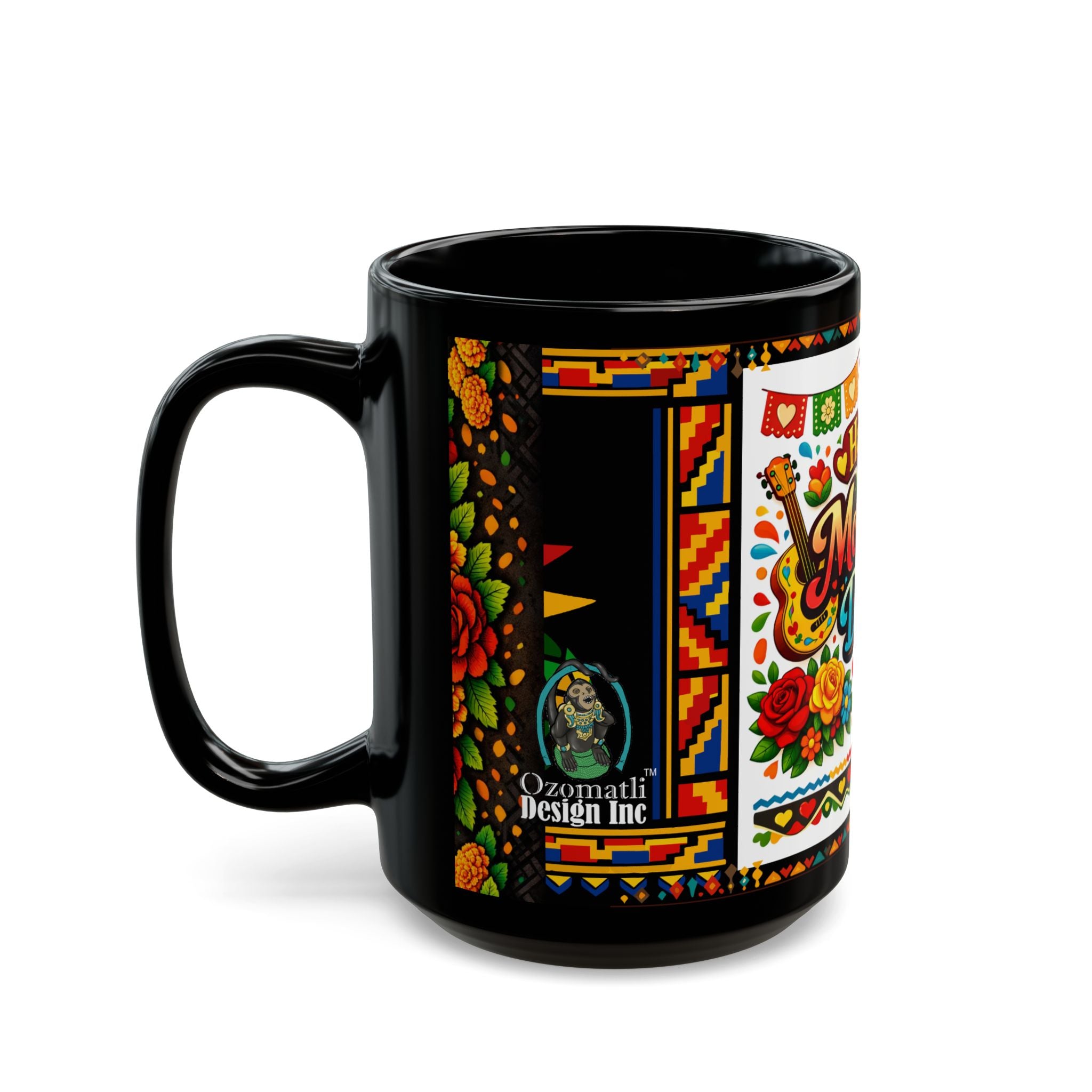 Happy Mother's Day Mexican Fiesta Mug — Colorful Floral & Sombrero Design (Black 11oz/15oz)