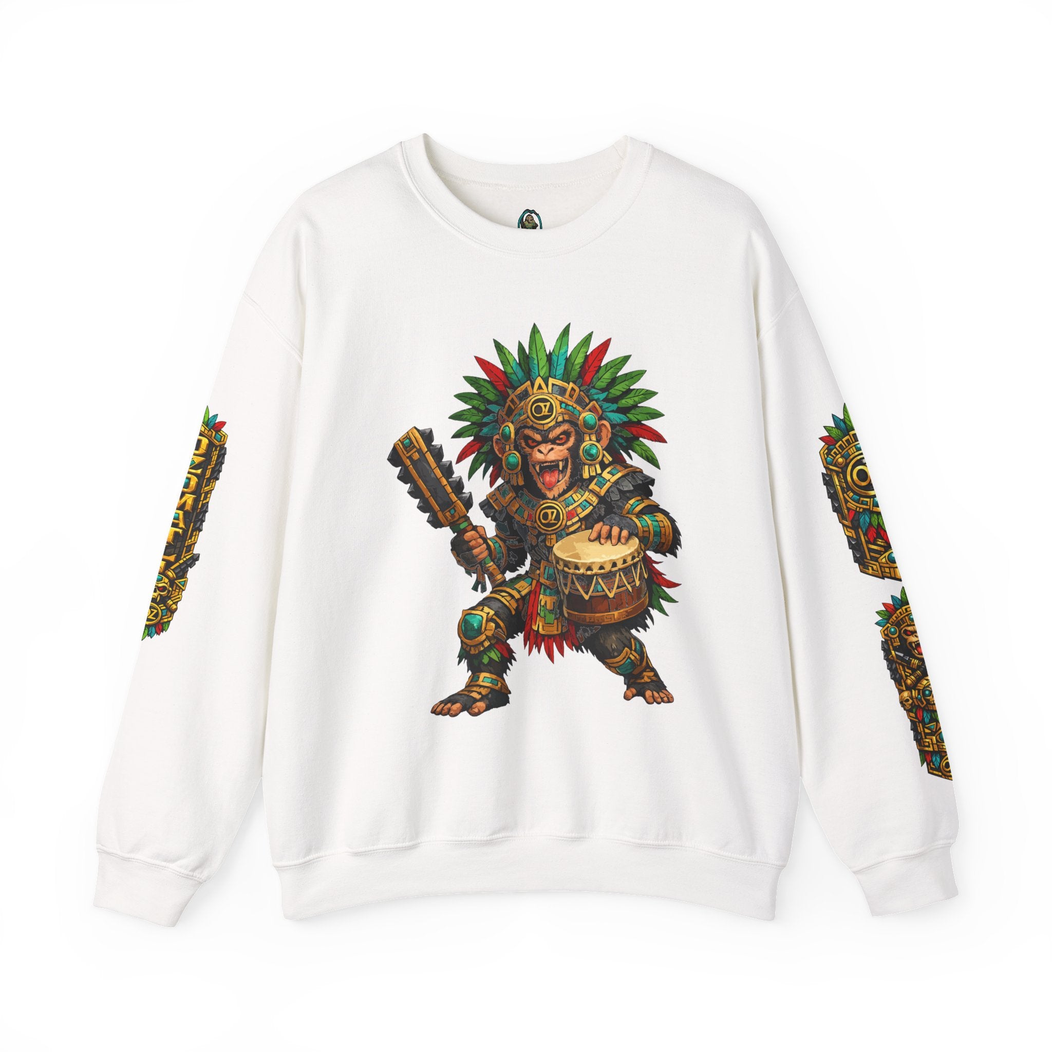 Aztec Tribal Monkey Drummer Crewneck Sweatshirt — Ozomatli Drum Warrior Design