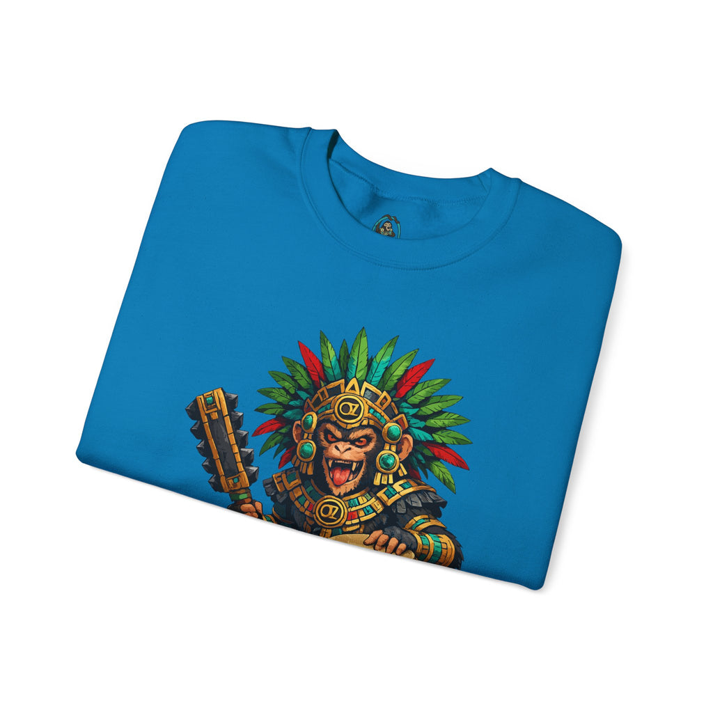 Aztec Tribal Monkey Drummer Crewneck Sweatshirt — Ozomatli Drum Warrior Design