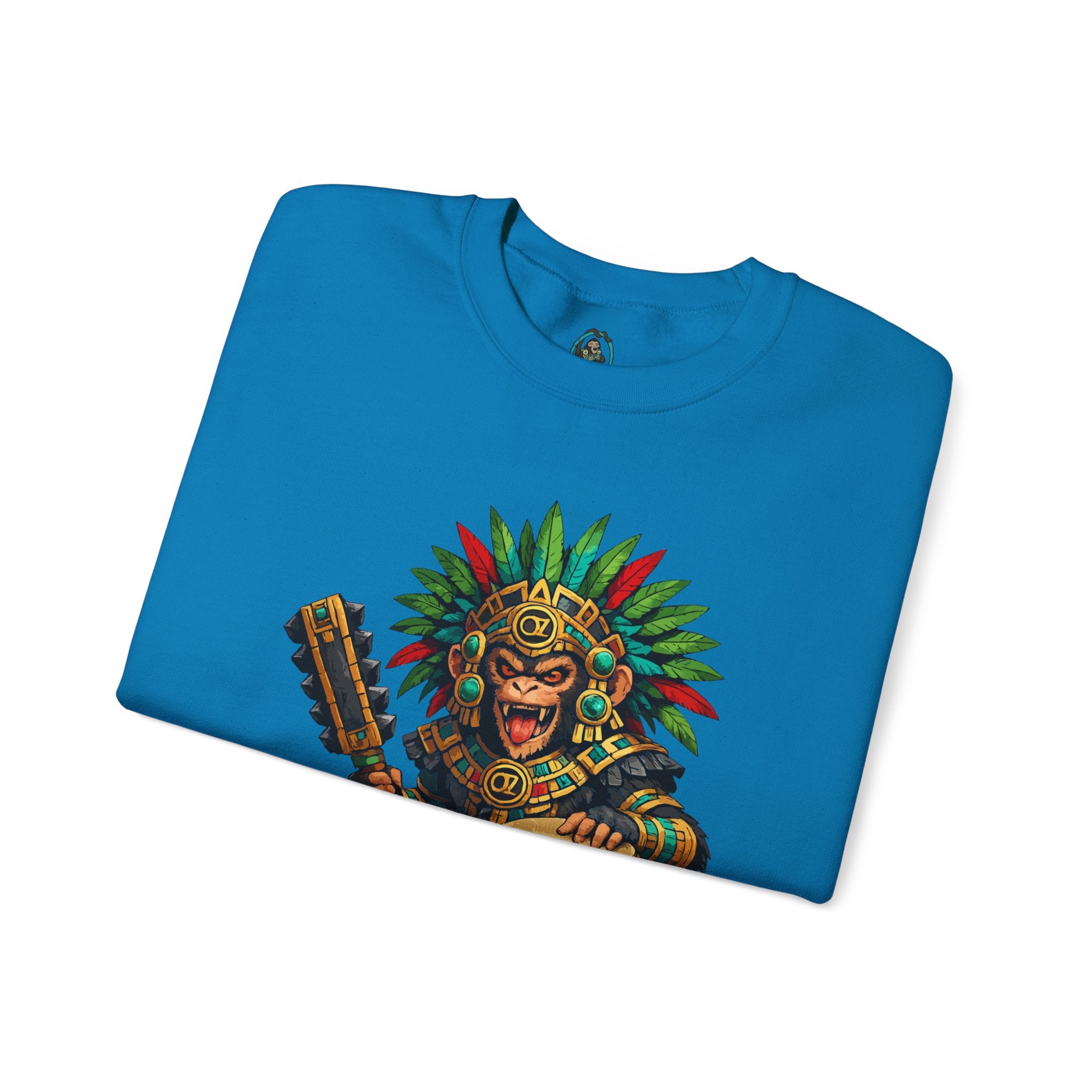 Aztec Tribal Monkey Drummer Crewneck Sweatshirt — Ozomatli Drum Warrior Design