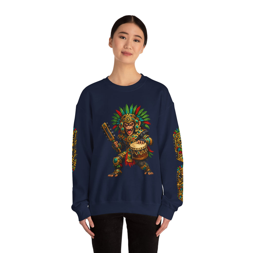 Aztec Tribal Monkey Drummer Crewneck Sweatshirt — Ozomatli Drum Warrior Design