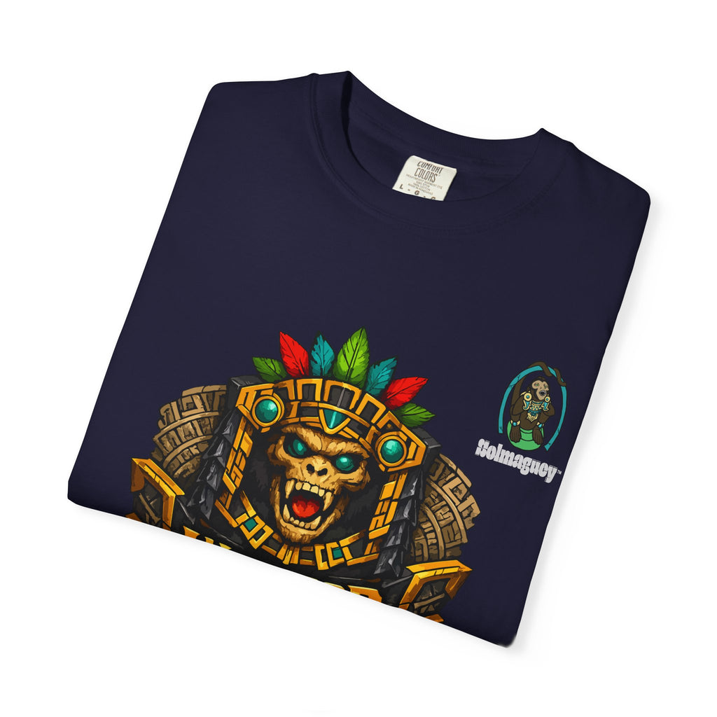 Aztec Monkey Warrior T-Shirt — Bold Warrior Emblem & Drum Warrior Back Design