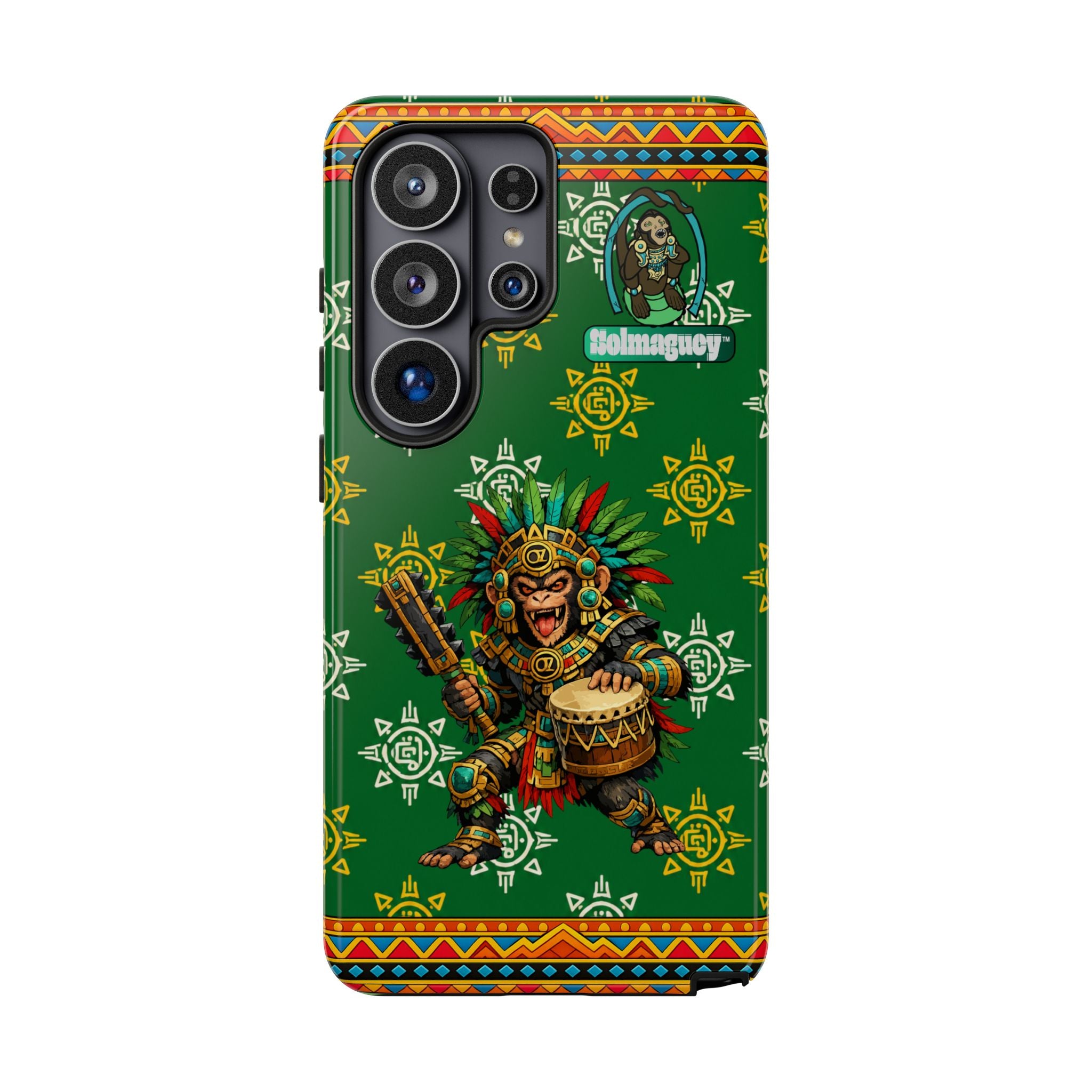 Aztec Monkey Warrior Tough Phone Case — Green Cultural Sun Pattern Protective Case