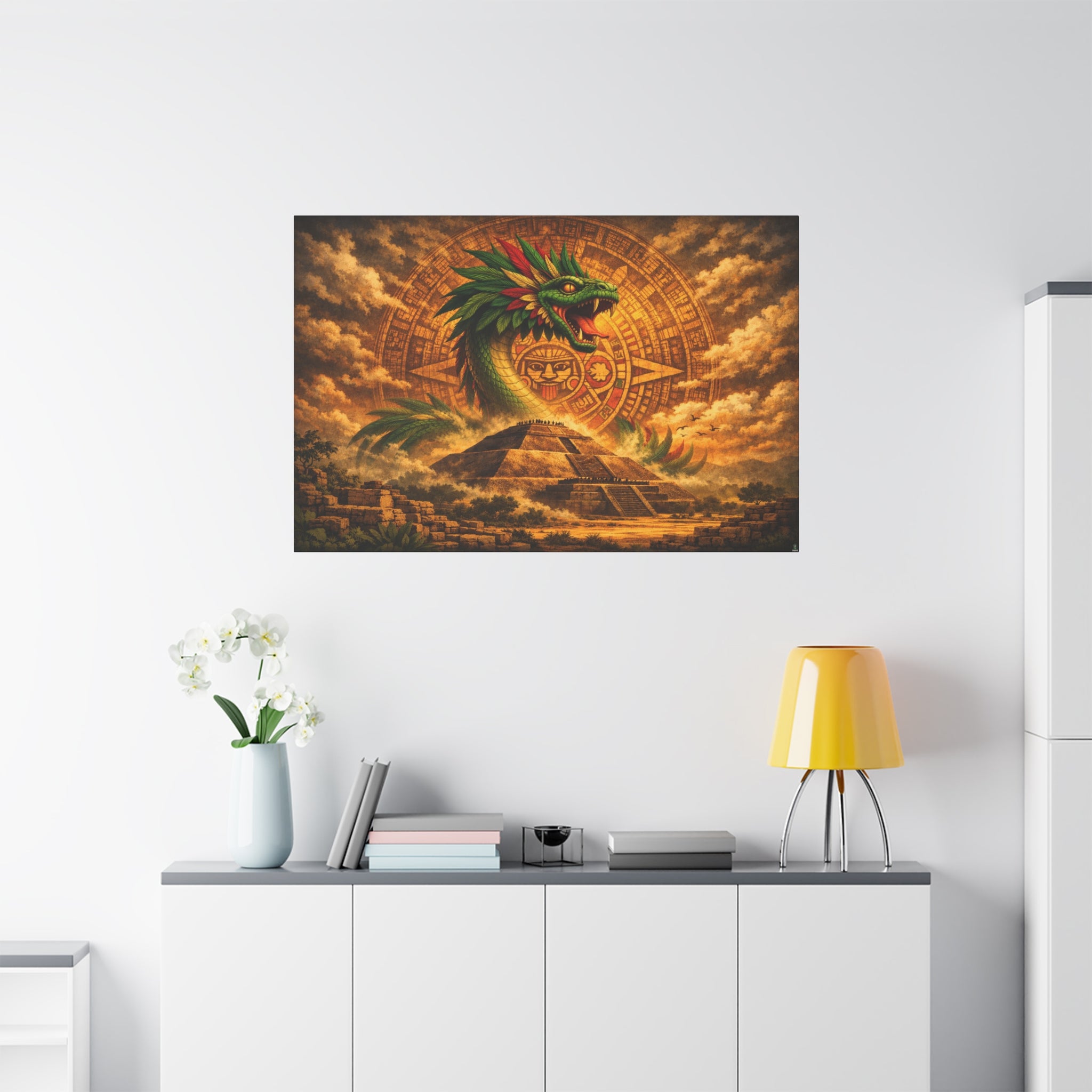 Quetzalcoatl Pyramid Canvas Wall Art – Mythic Aztec Serpent Print