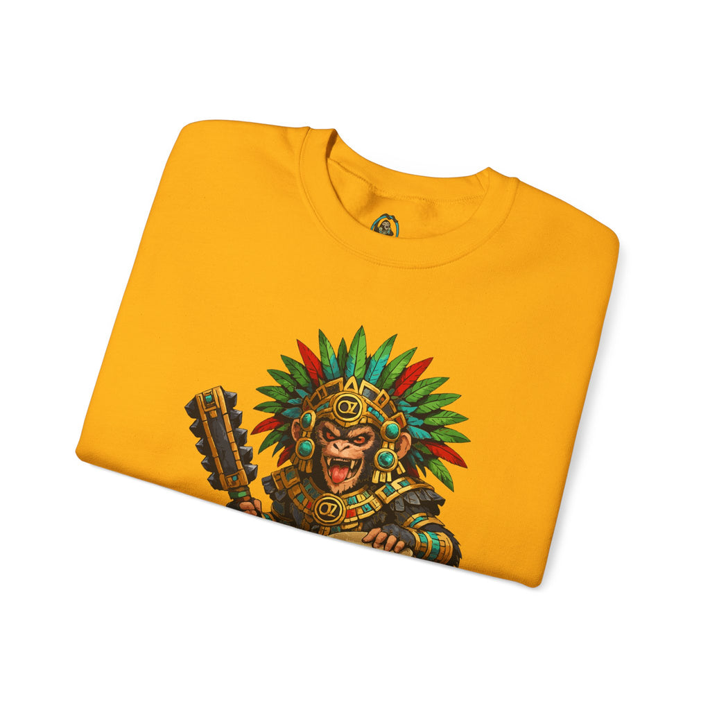 Aztec Tribal Monkey Drummer Crewneck Sweatshirt — Ozomatli Drum Warrior Design