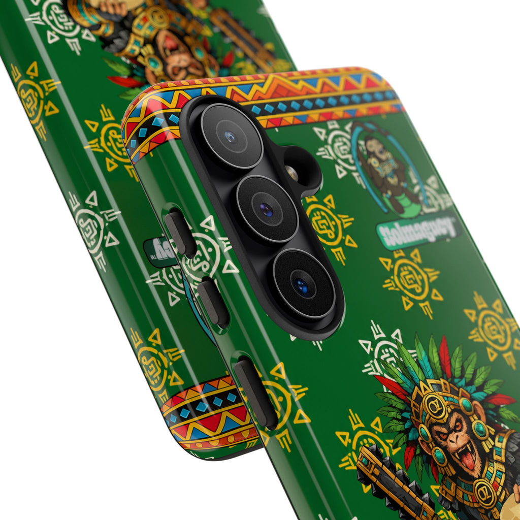 Aztec Monkey Warrior Tough Phone Case — Green Cultural Sun Pattern Protective Case