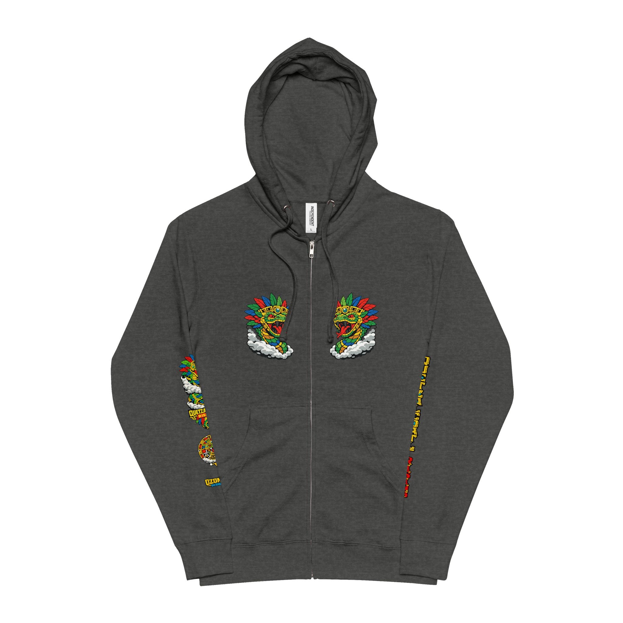 Quetzalcoatl Aztec Zip-Up Hoodie — Colorful Serpent & Calendar Design
