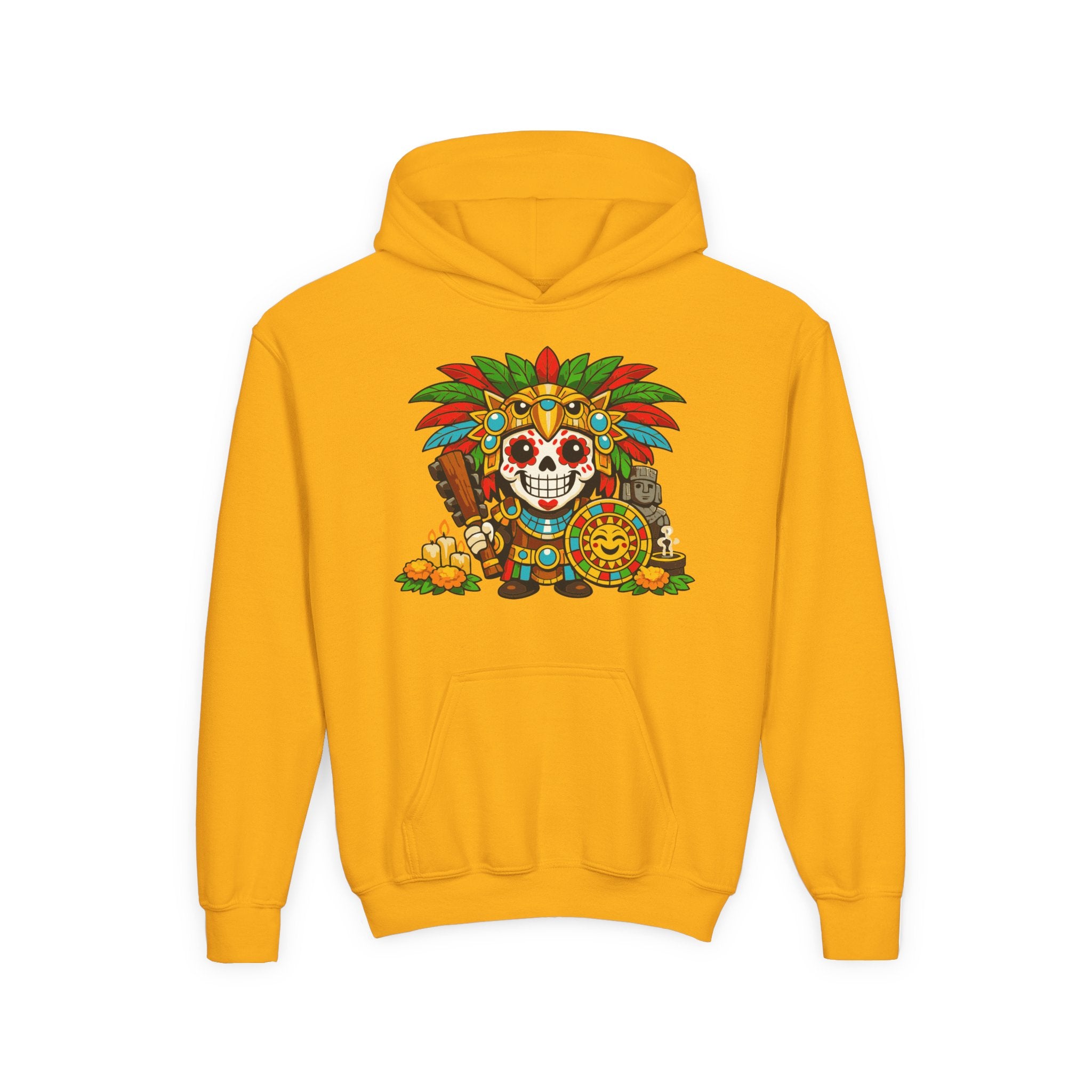 Youth Hoodie — Colorful Aztec Sugar Skull & Warrior Kids Pullover