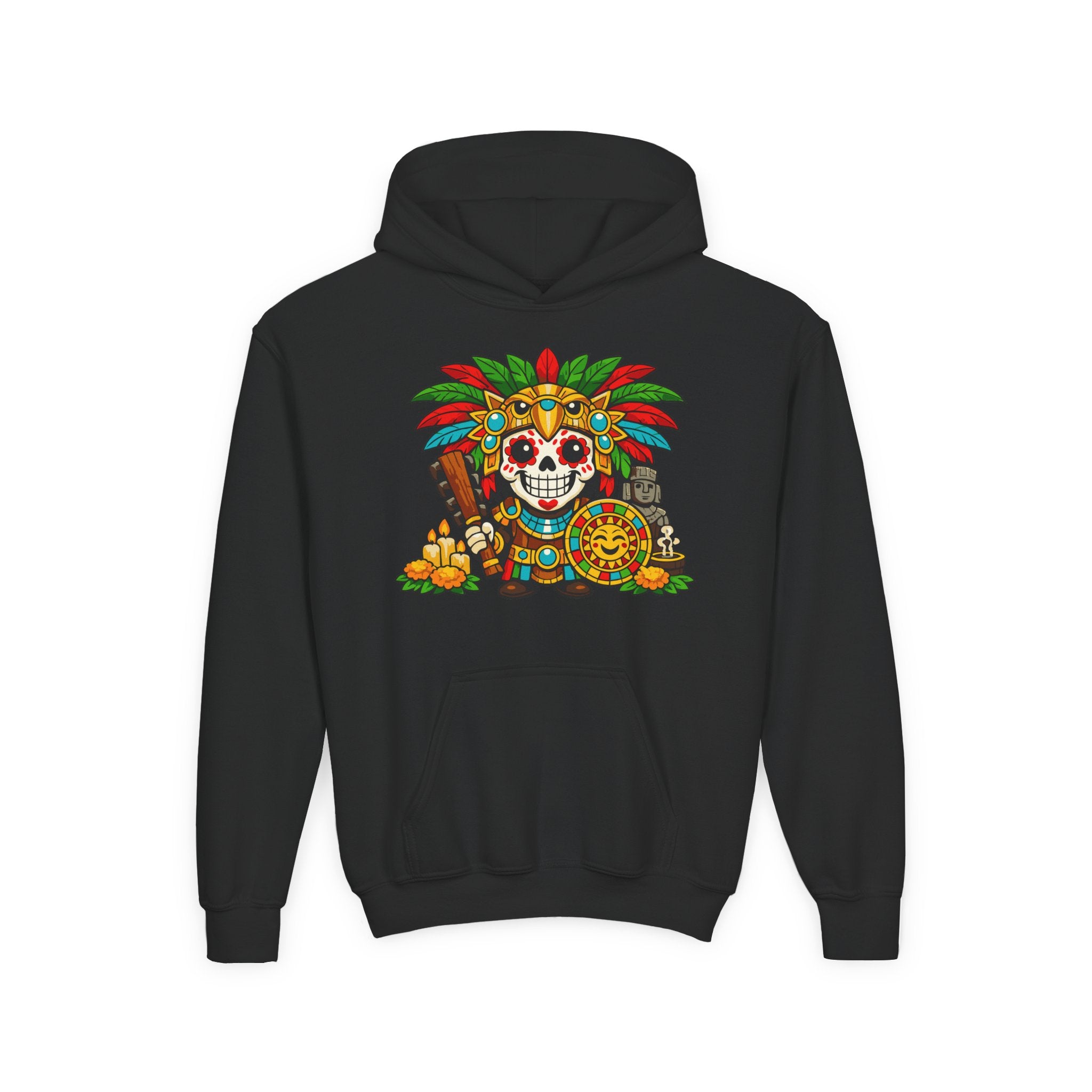Youth Hoodie — Colorful Aztec Sugar Skull & Warrior Kids Pullover
