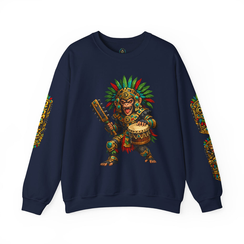 Aztec Tribal Monkey Drummer Crewneck Sweatshirt — Ozomatli Drum Warrior Design