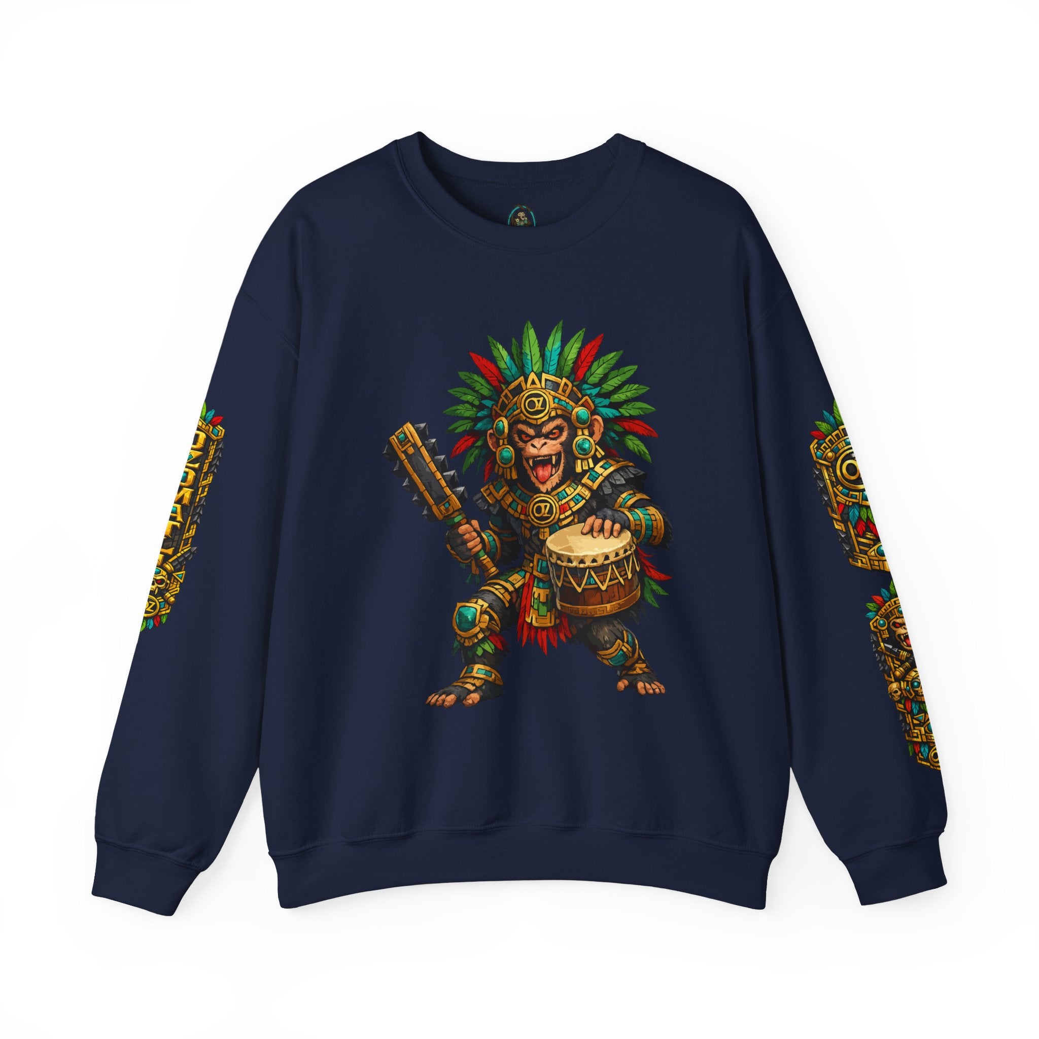 Aztec Tribal Monkey Drummer Crewneck Sweatshirt — Ozomatli Drum Warrior Design