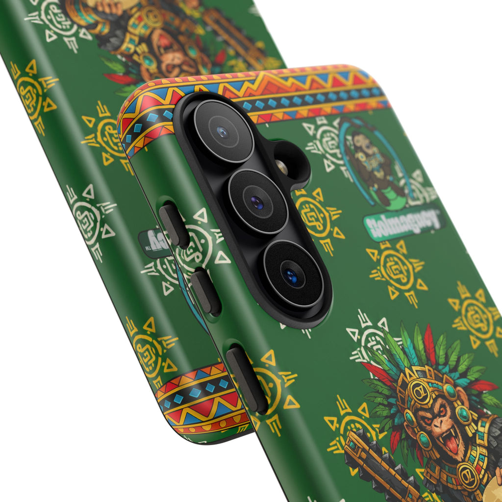 Aztec Monkey Warrior Tough Phone Case — Green Cultural Sun Pattern Protective Case