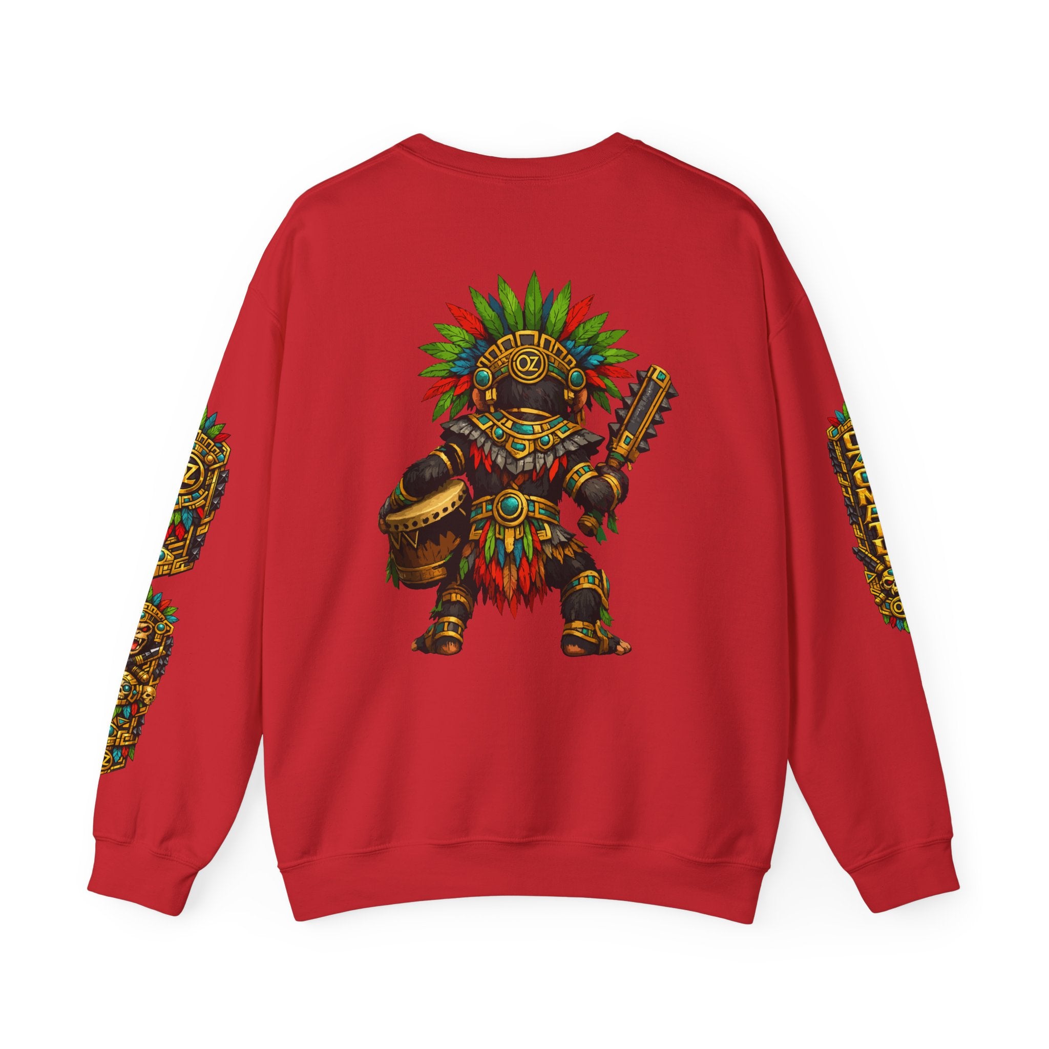 Aztec Tribal Monkey Drummer Crewneck Sweatshirt — Ozomatli Drum Warrior Design