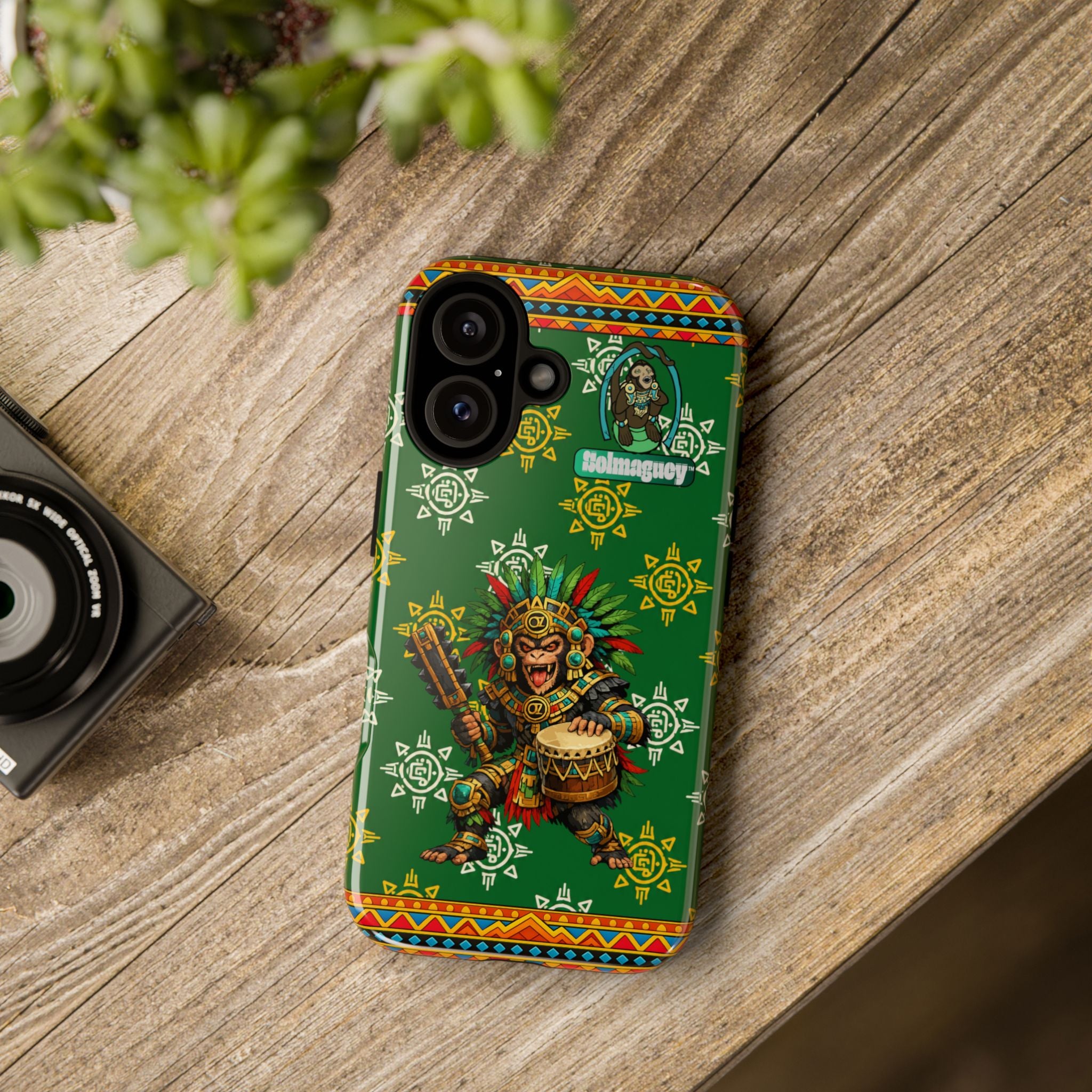 Aztec Monkey Warrior Tough Phone Case — Green Cultural Sun Pattern Protective Case