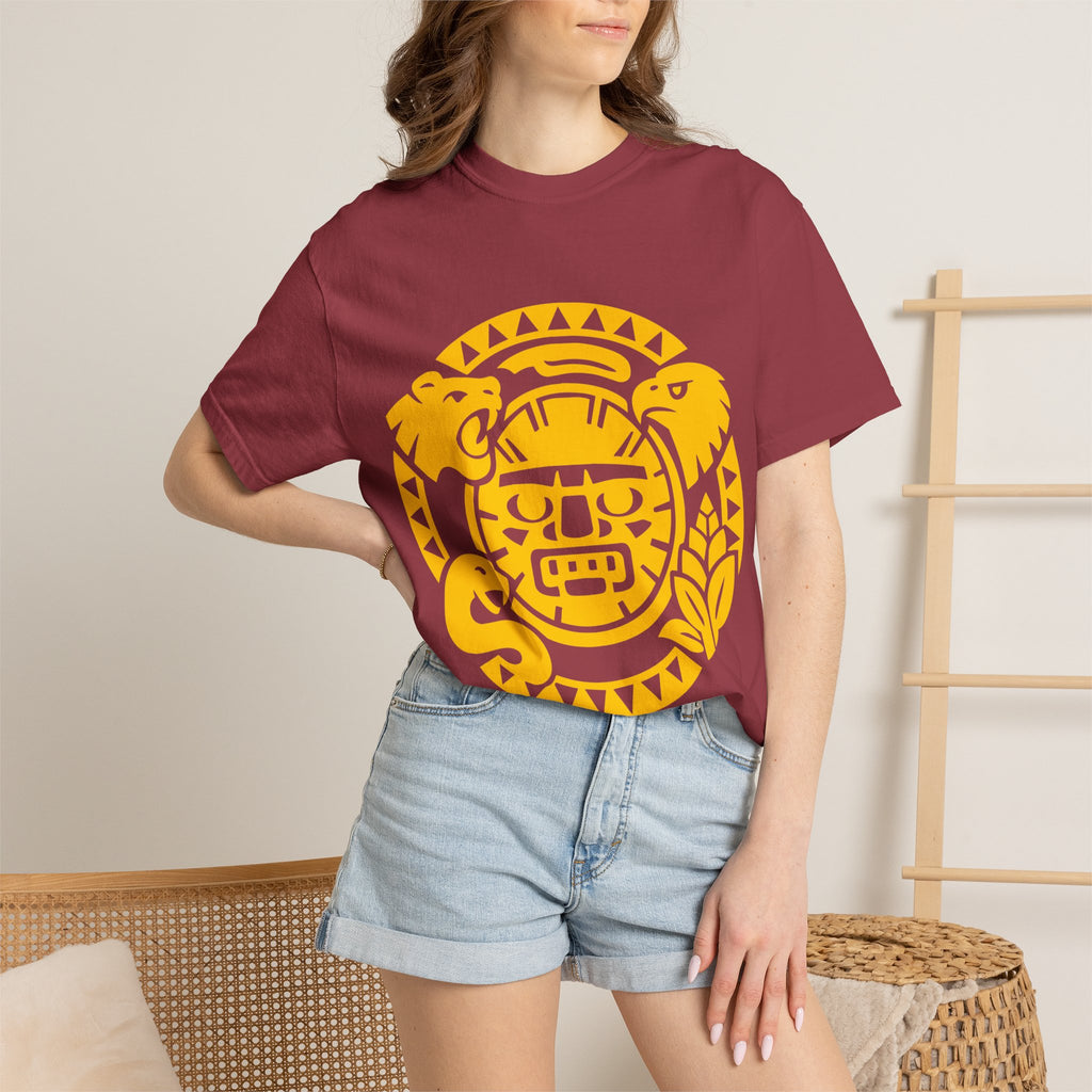 Aztec Sun Glyph T-Shirt — Yellow Graphic Tribal Tee