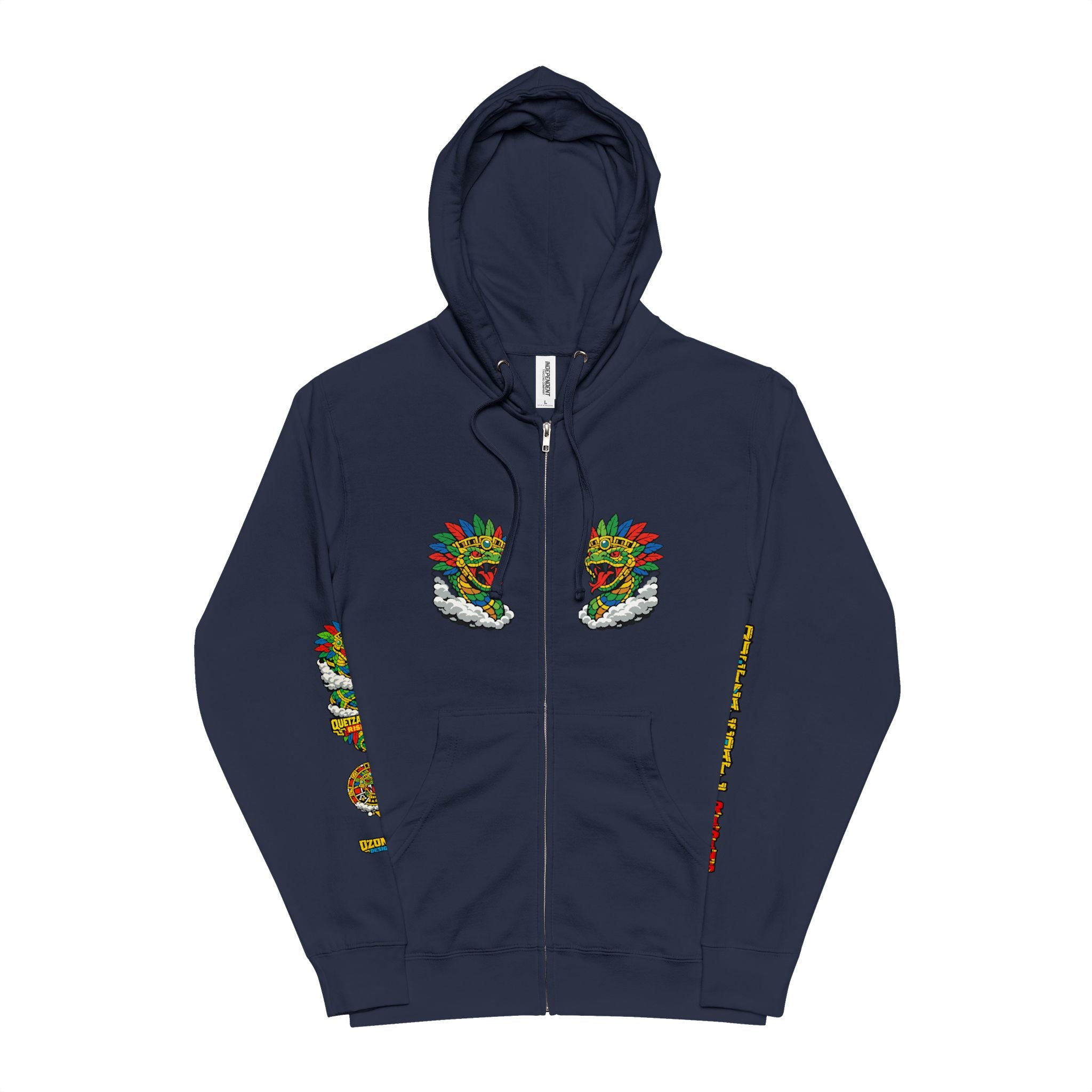 Quetzalcoatl Aztec Zip-Up Hoodie — Colorful Serpent & Calendar Design