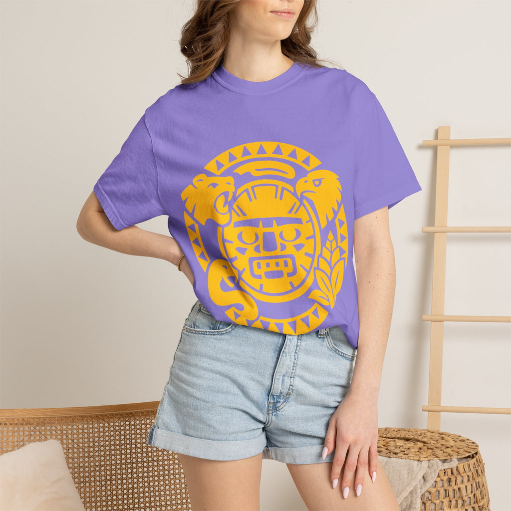 Aztec Sun Glyph T-Shirt — Yellow Graphic Tribal Tee