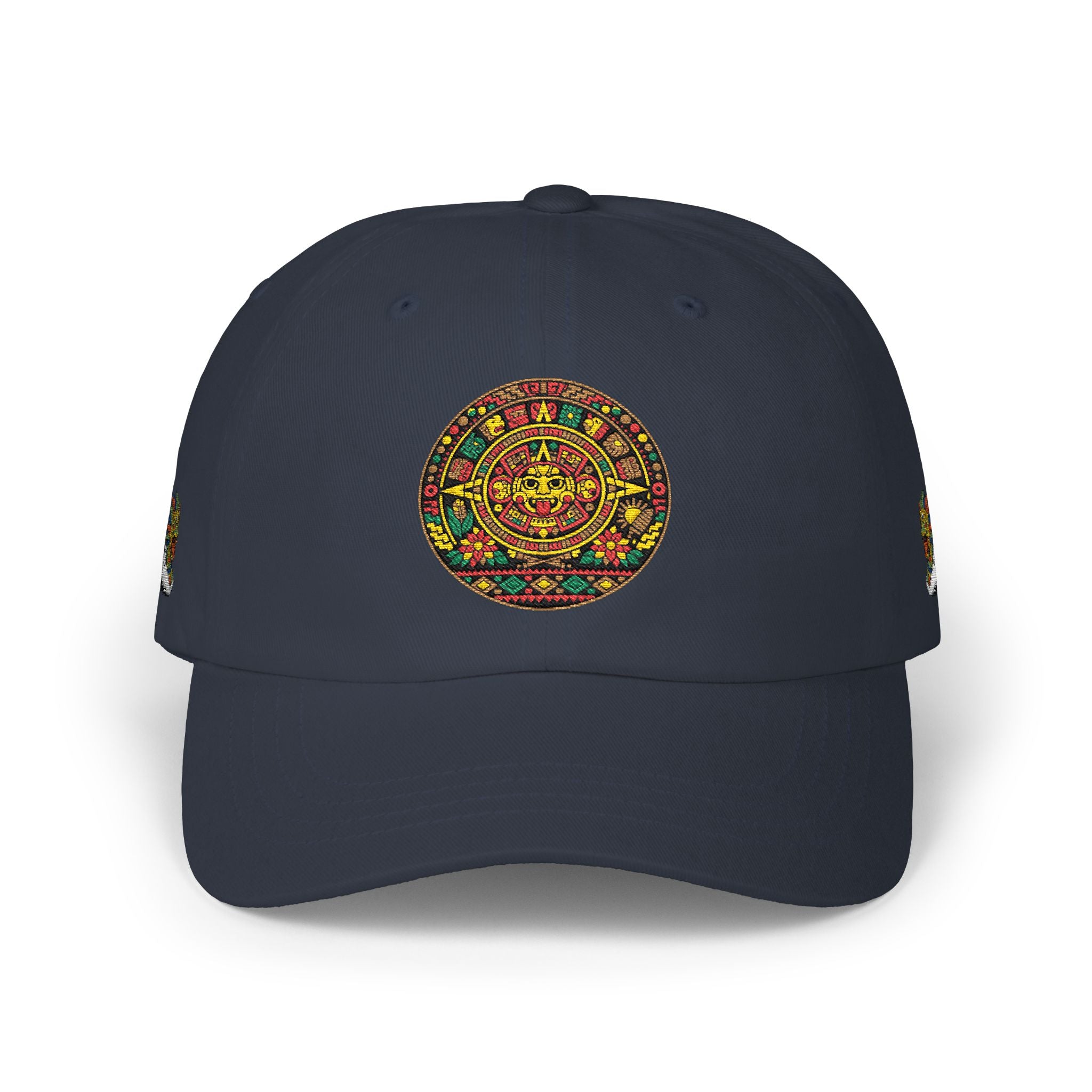 Dad Cap — Colorful Aztec Calendar & Quetzalcoatl Embroidered Hat