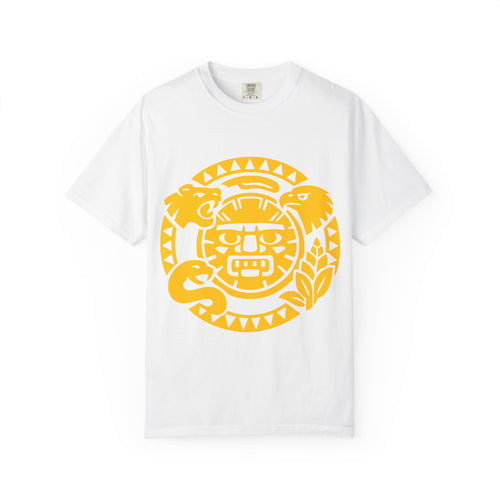 Aztec Sun Glyph T-Shirt — Yellow Graphic Tribal Tee