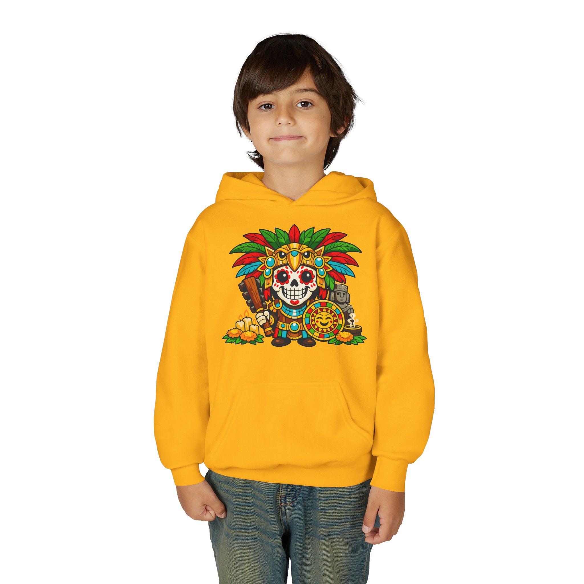 Youth Hoodie — Colorful Aztec Sugar Skull & Warrior Kids Pullover