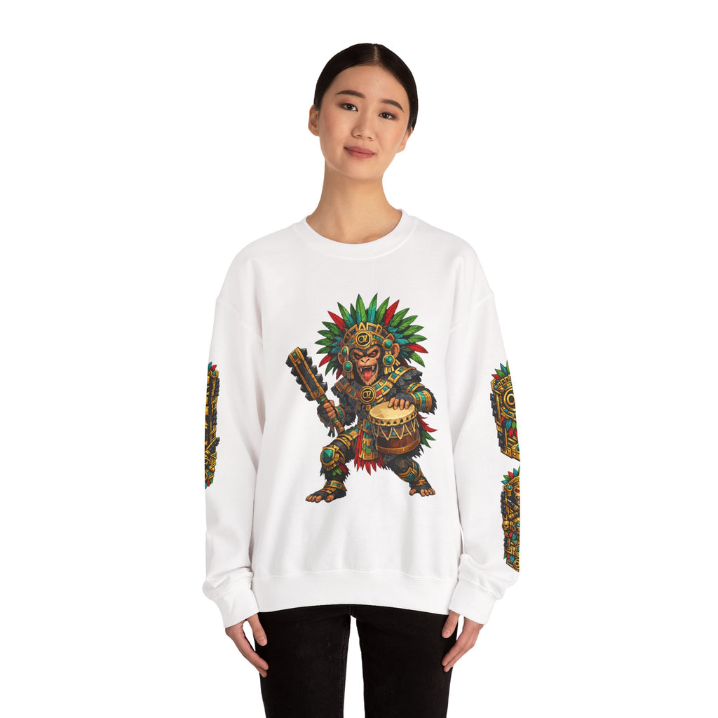 Aztec Tribal Monkey Drummer Crewneck Sweatshirt — Ozomatli Drum Warrior Design