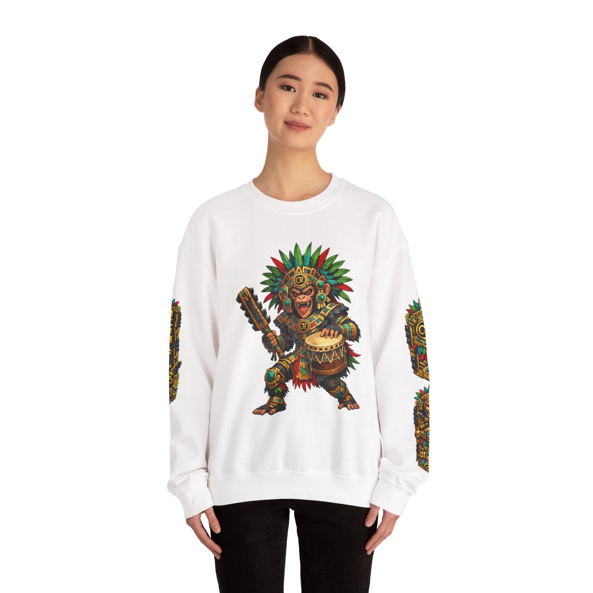 Aztec Tribal Monkey Drummer Crewneck Sweatshirt — Ozomatli Drum Warrior Design