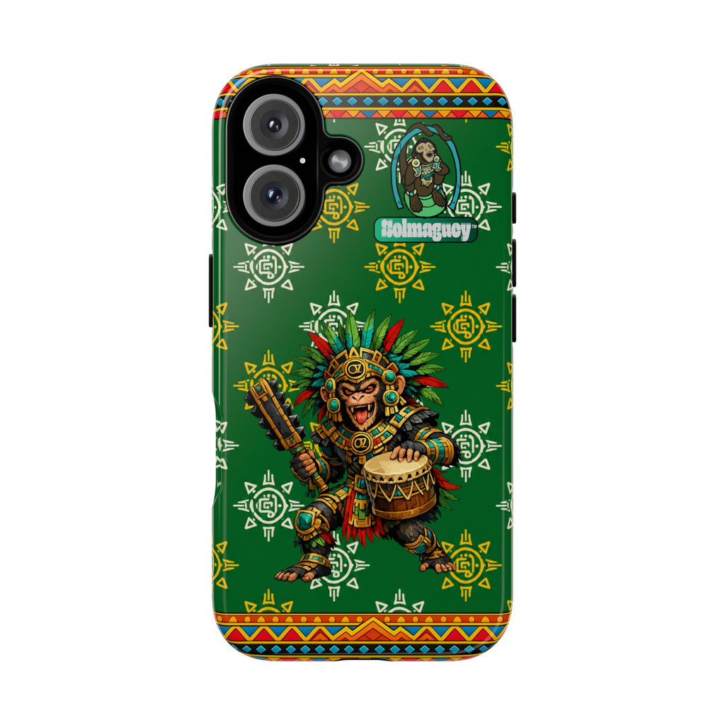 Aztec Monkey Warrior Tough Phone Case — Green Cultural Sun Pattern Protective Case