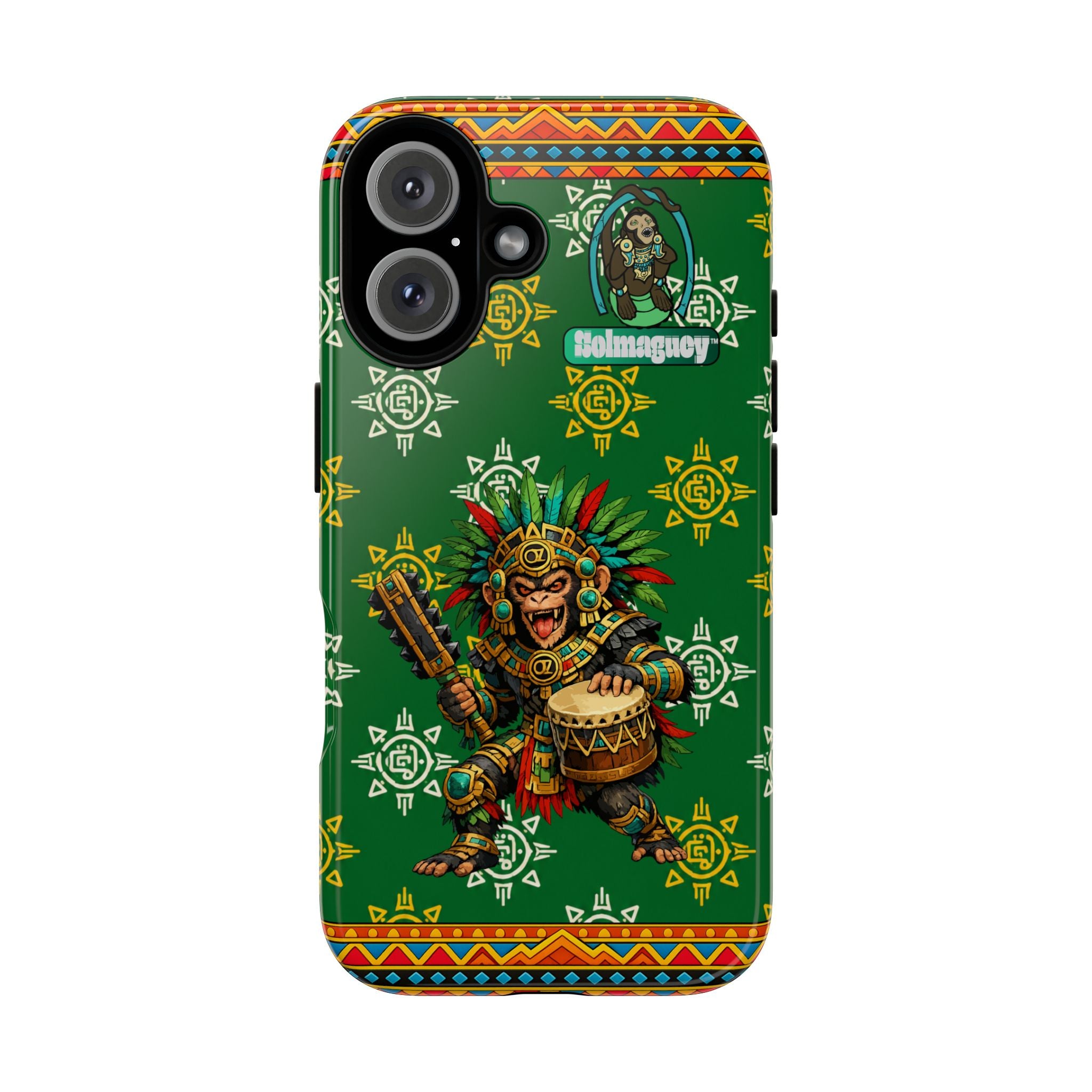 Aztec Monkey Warrior Tough Phone Case — Green Cultural Sun Pattern Protective Case