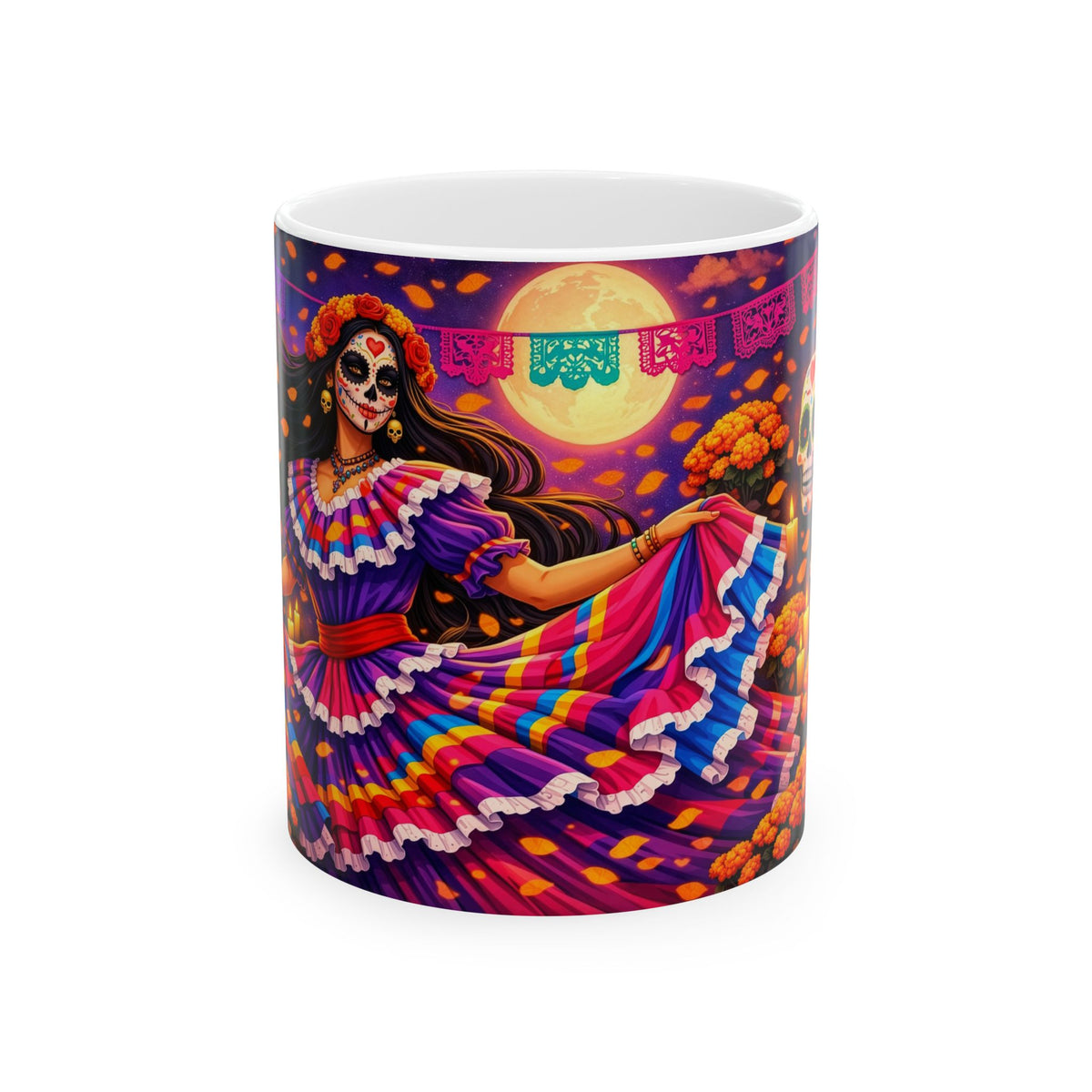 Day of the Dead Ceramic Mug — Colorful Catrina Dance Design (11oz, 15oz)