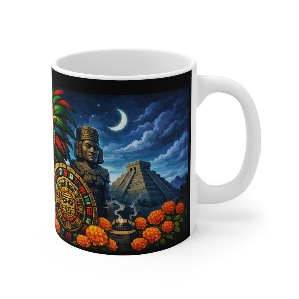 Day of the Dead Aztec Skull Mug — Dia de los Muertos 11oz Ceramic Coffee Cup