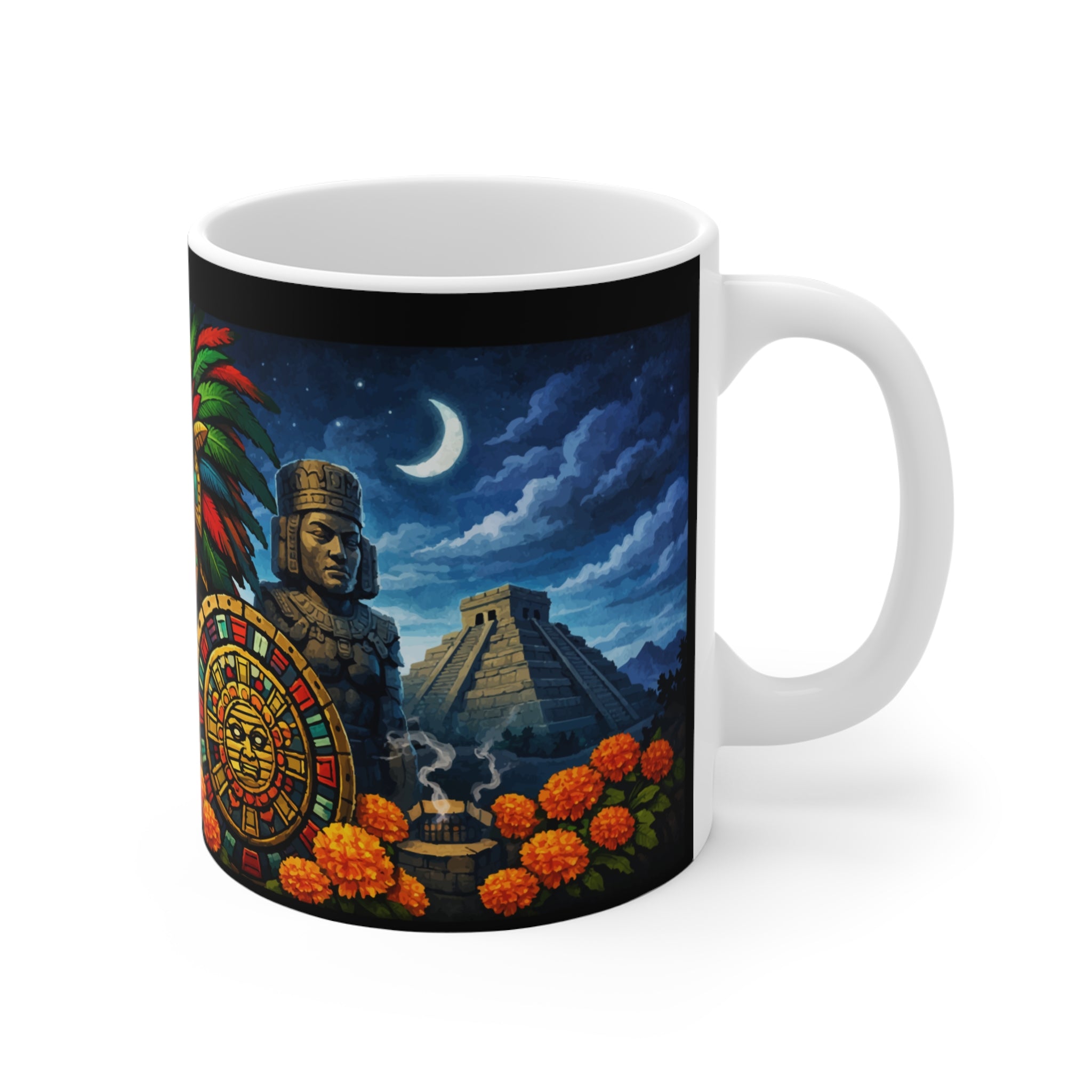 Day of the Dead Aztec Skull Mug — Dia de los Muertos 11oz Ceramic Coffee Cup
