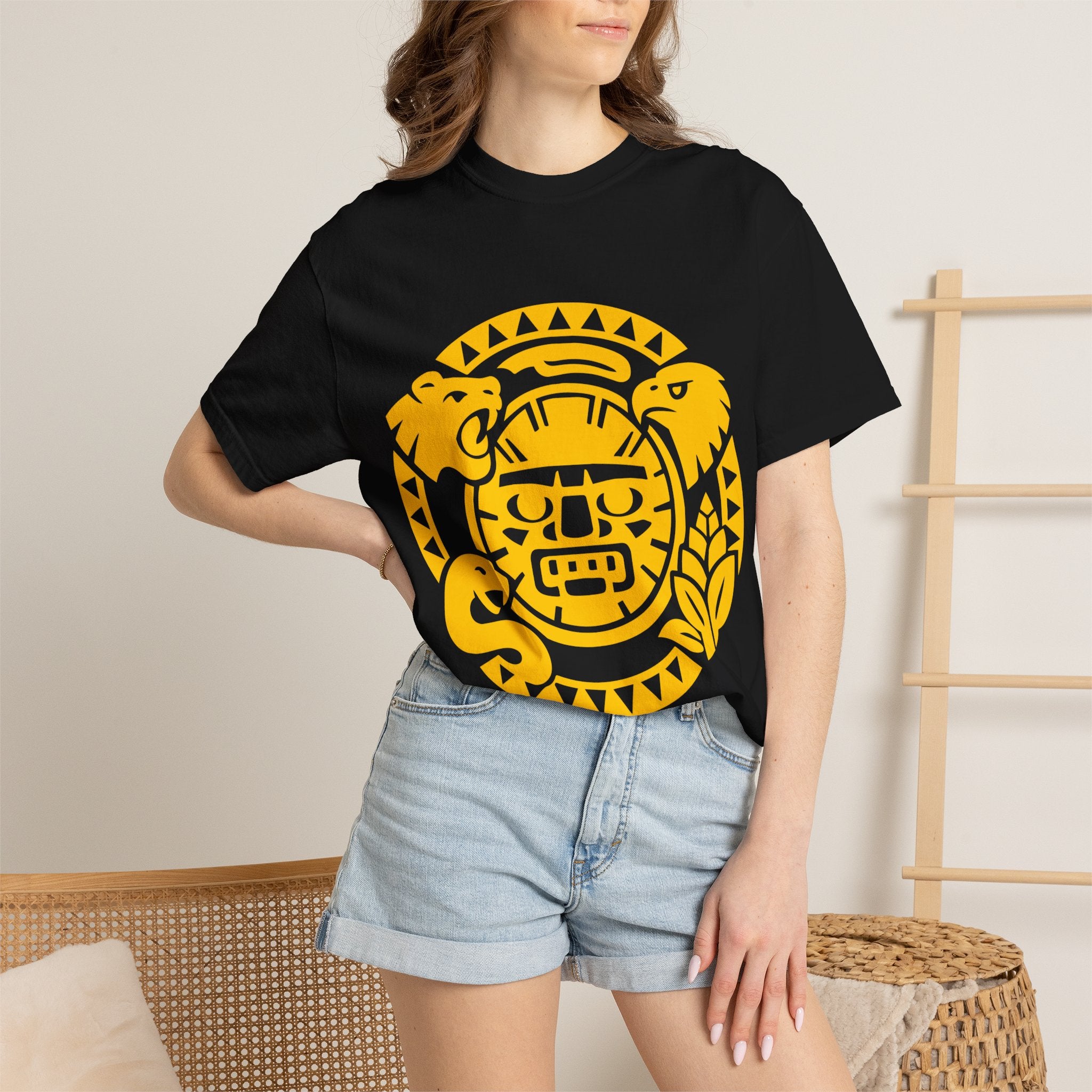 Aztec Sun Glyph T-Shirt — Yellow Graphic Tribal Tee