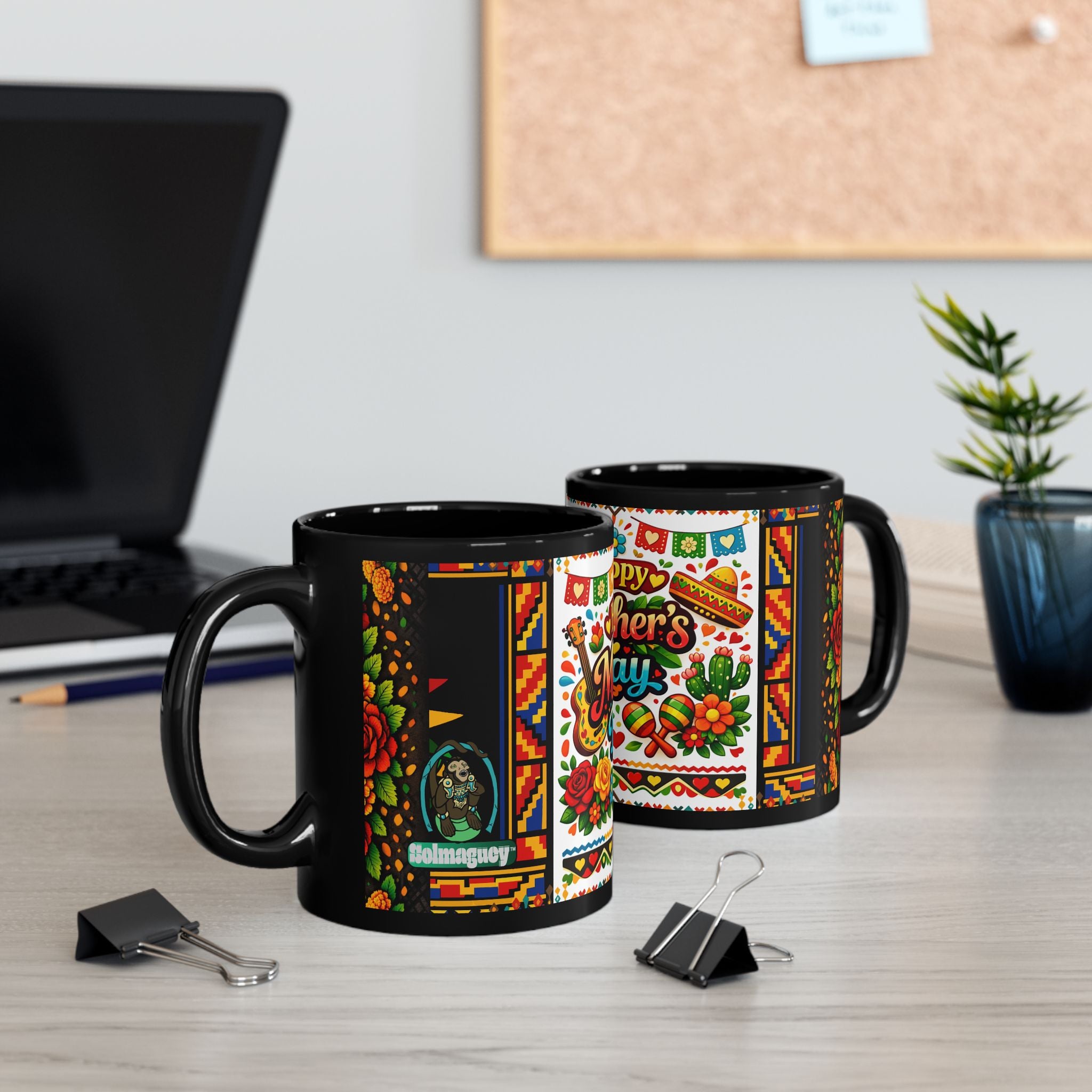 Happy Mother's Day Mexican Fiesta Mug — Colorful Floral & Sombrero Design (Black 11oz/15oz)