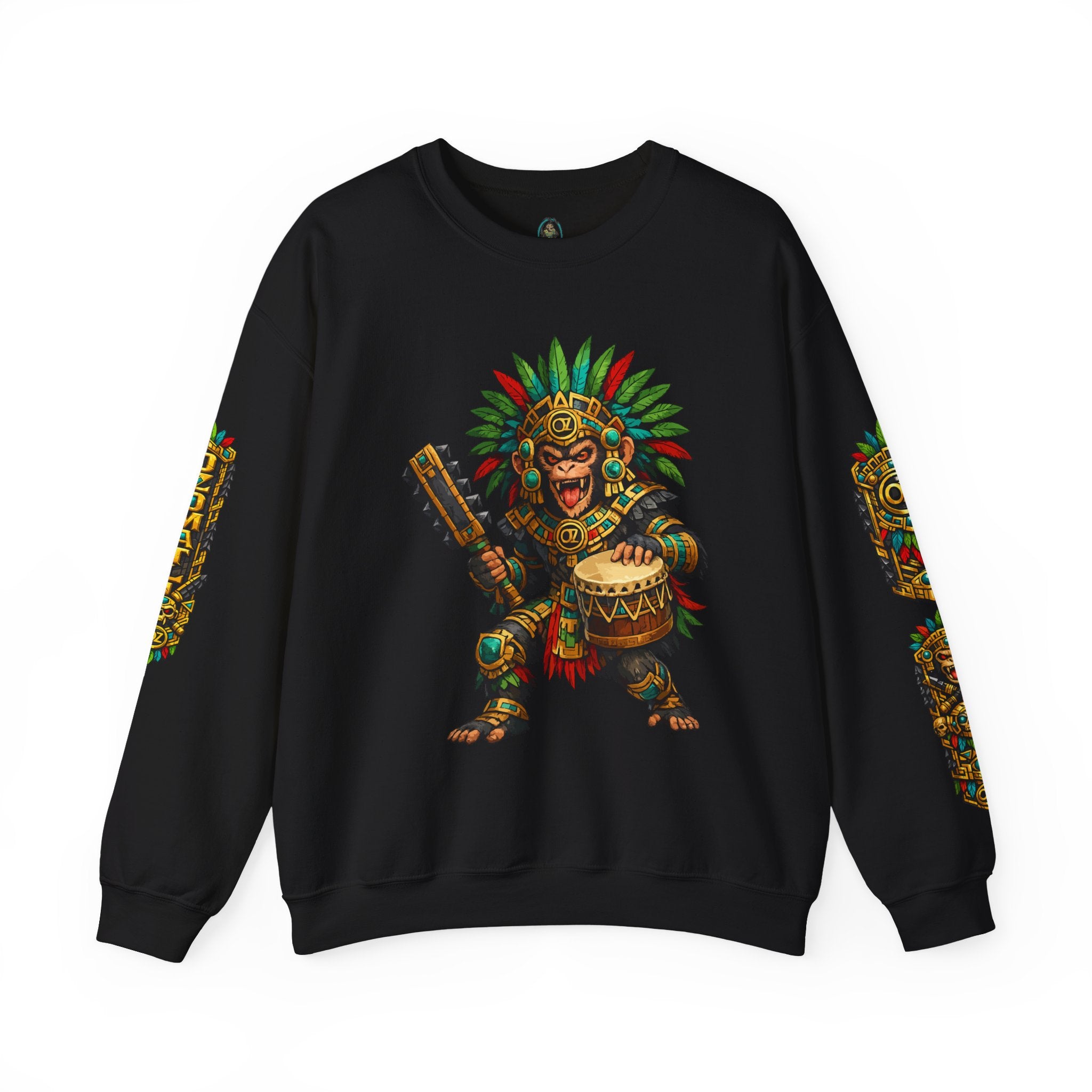 Aztec Tribal Monkey Drummer Crewneck Sweatshirt — Ozomatli Drum Warrior Design