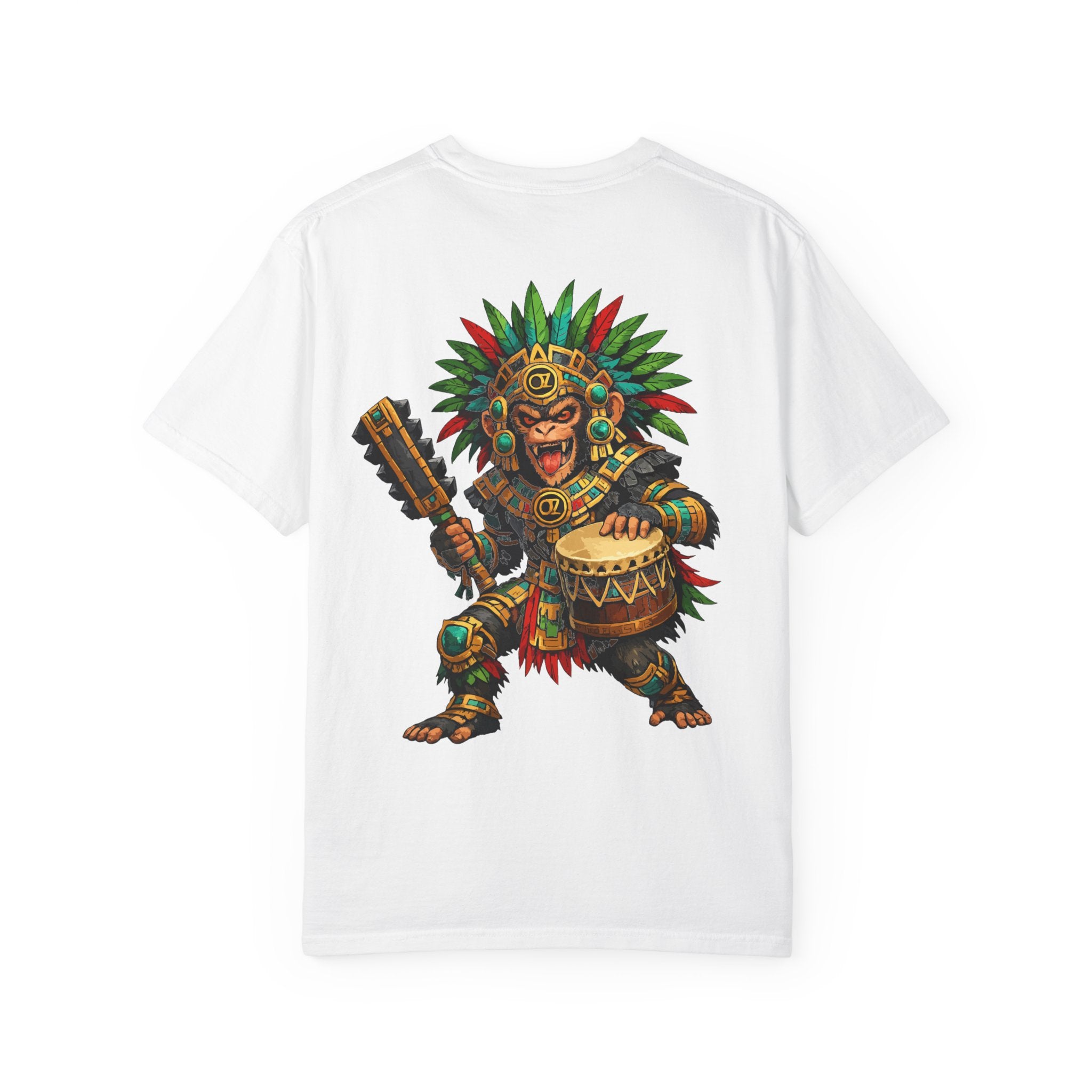 Aztec Monkey Warrior T-Shirt — Bold Warrior Emblem & Drum Warrior Back Design