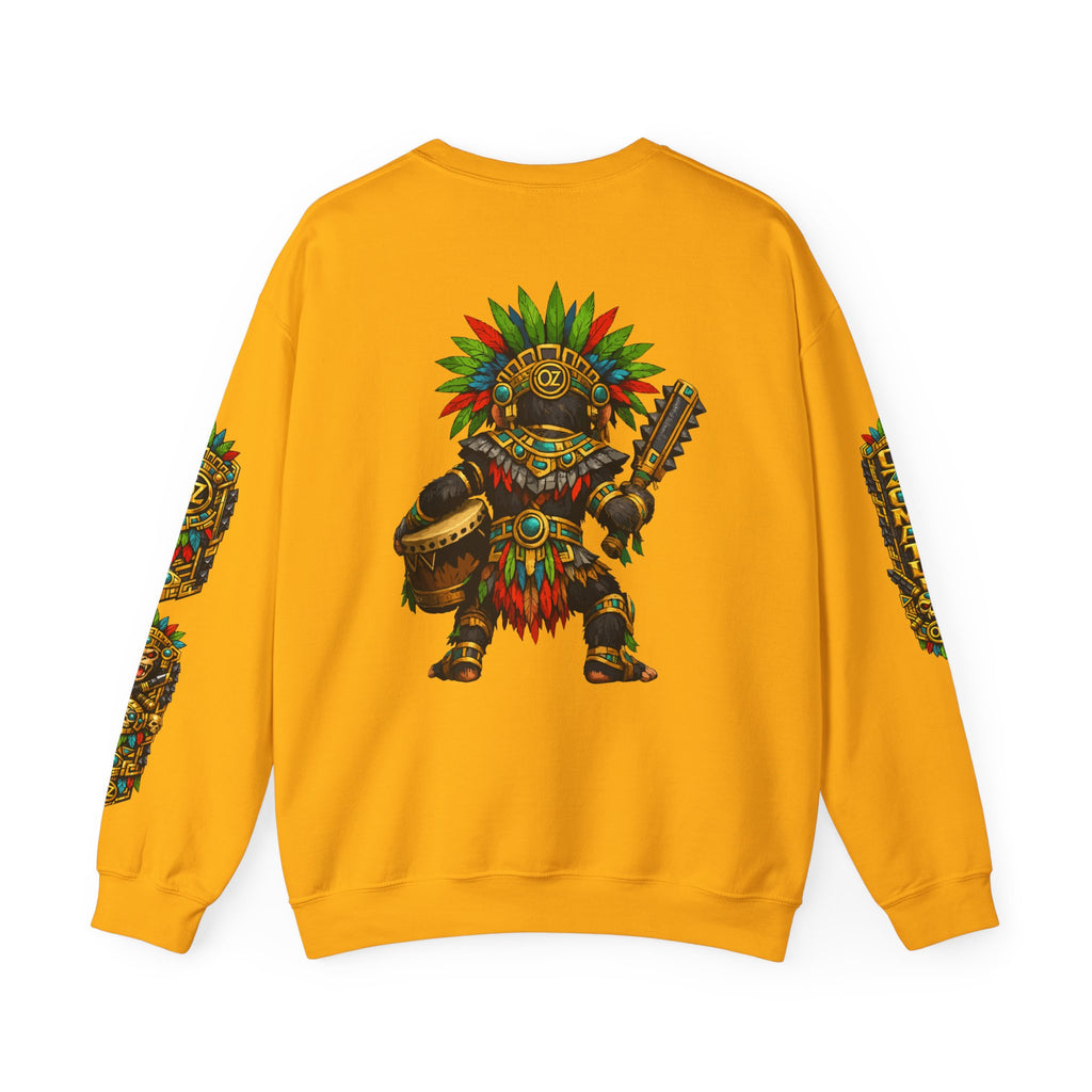 Aztec Tribal Monkey Drummer Crewneck Sweatshirt — Ozomatli Drum Warrior Design