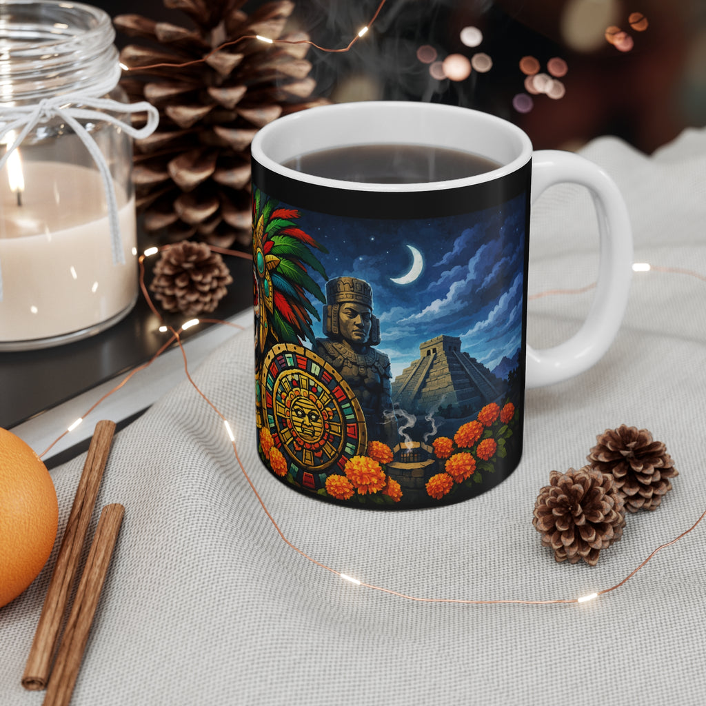 Day of the Dead Aztec Skull Mug — Dia de los Muertos 11oz Ceramic Coffee Cup