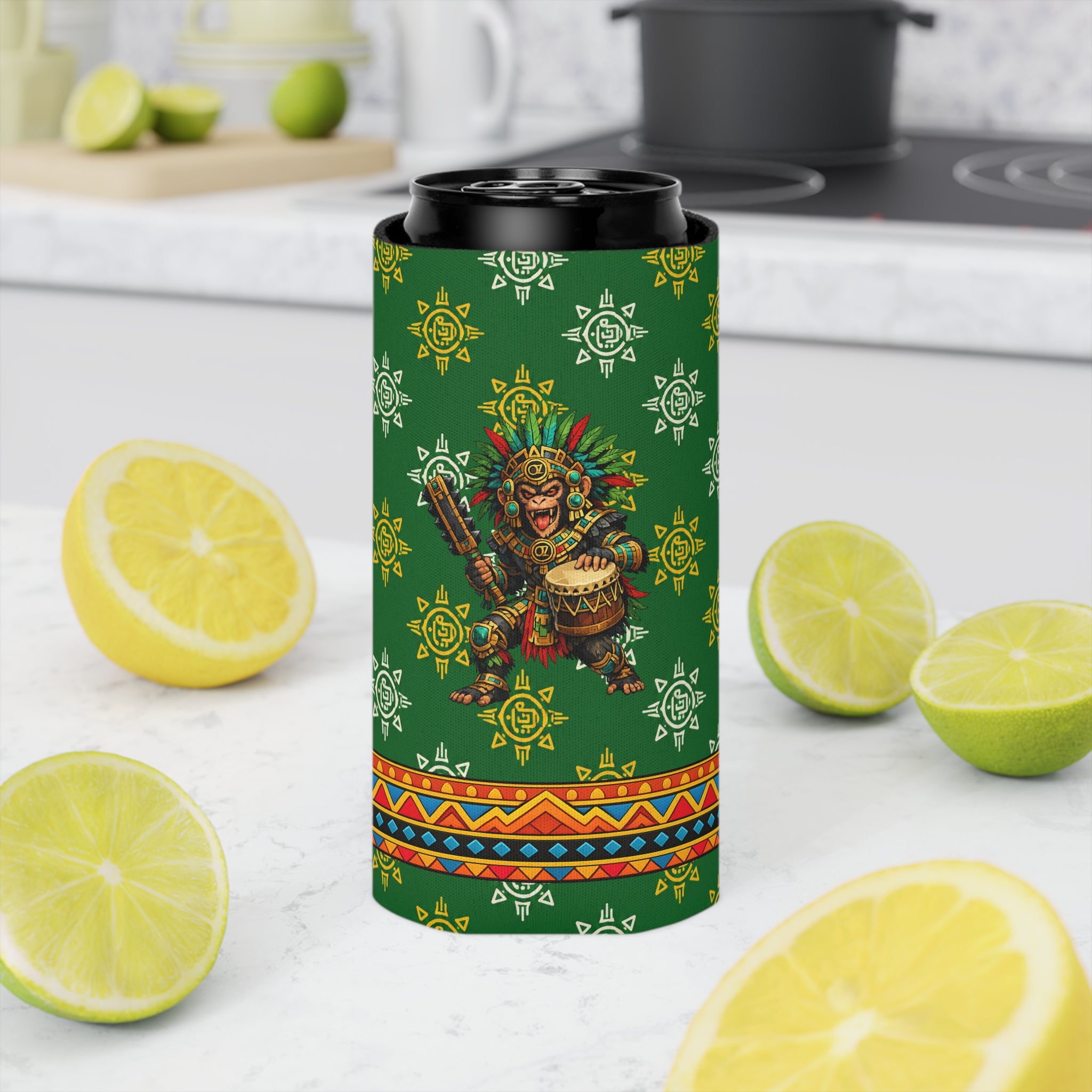 Aztec Monkey Warrior Can Cooler — “Sweet Cold 1” Insulated Beverage Holder