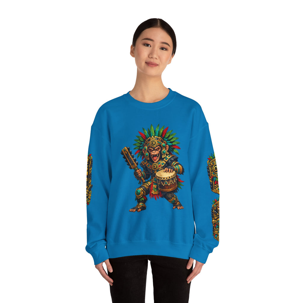 Aztec Tribal Monkey Drummer Crewneck Sweatshirt — Ozomatli Drum Warrior Design