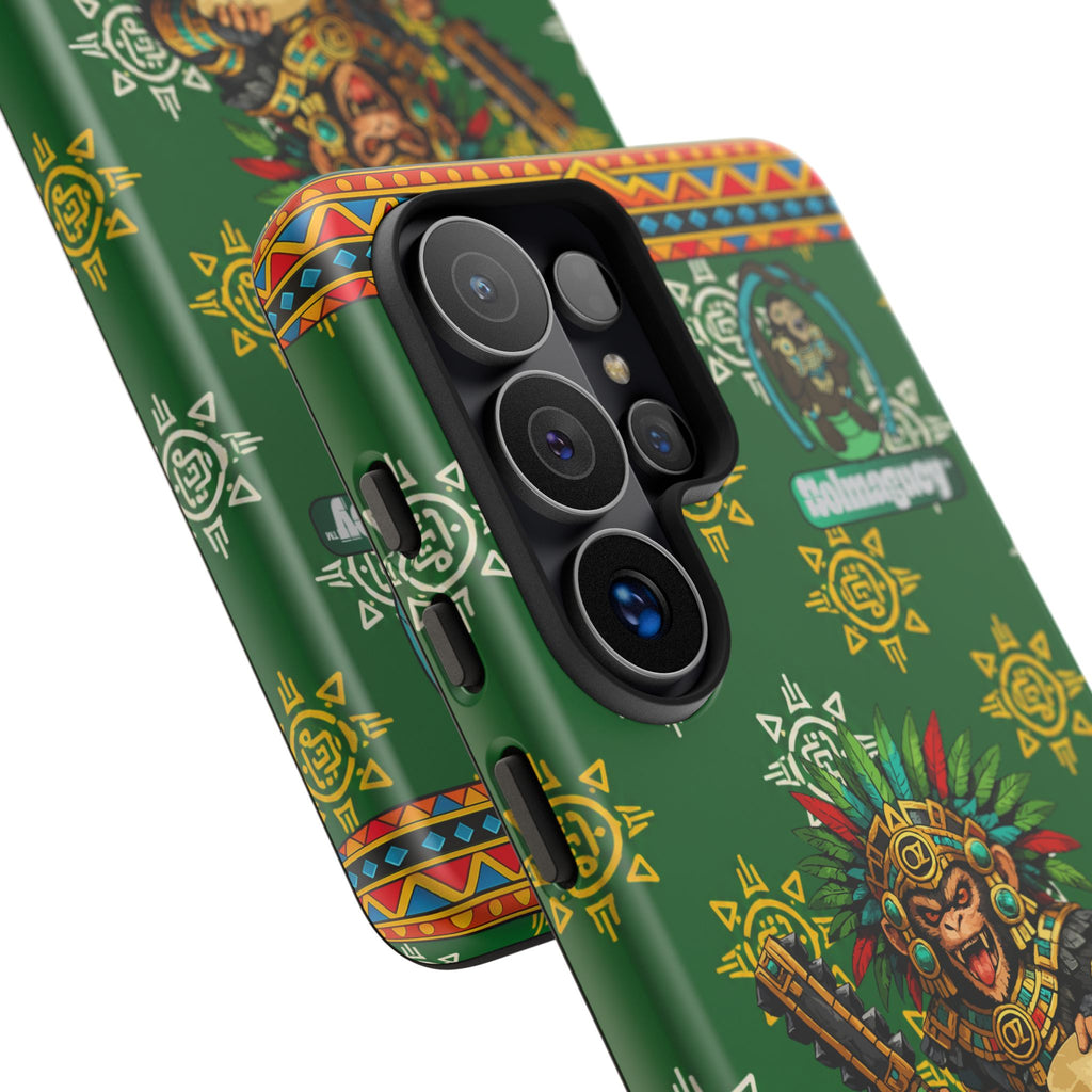 Aztec Monkey Warrior Tough Phone Case — Green Cultural Sun Pattern Protective Case
