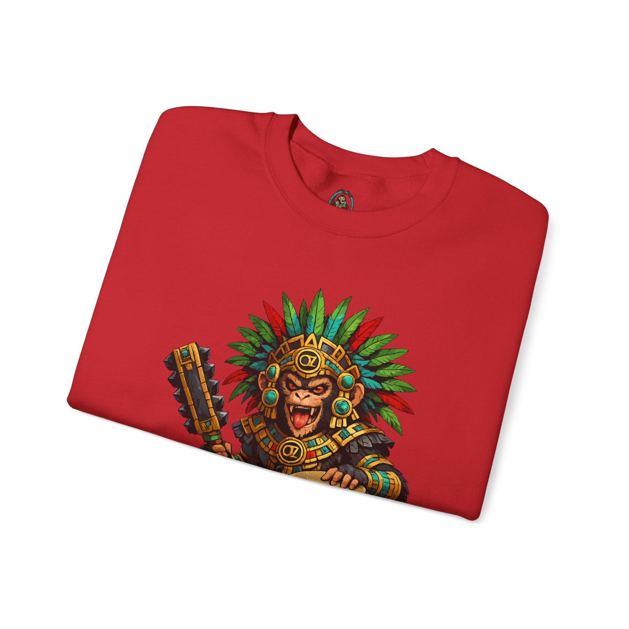 Aztec Tribal Monkey Drummer Crewneck Sweatshirt — Ozomatli Drum Warrior Design