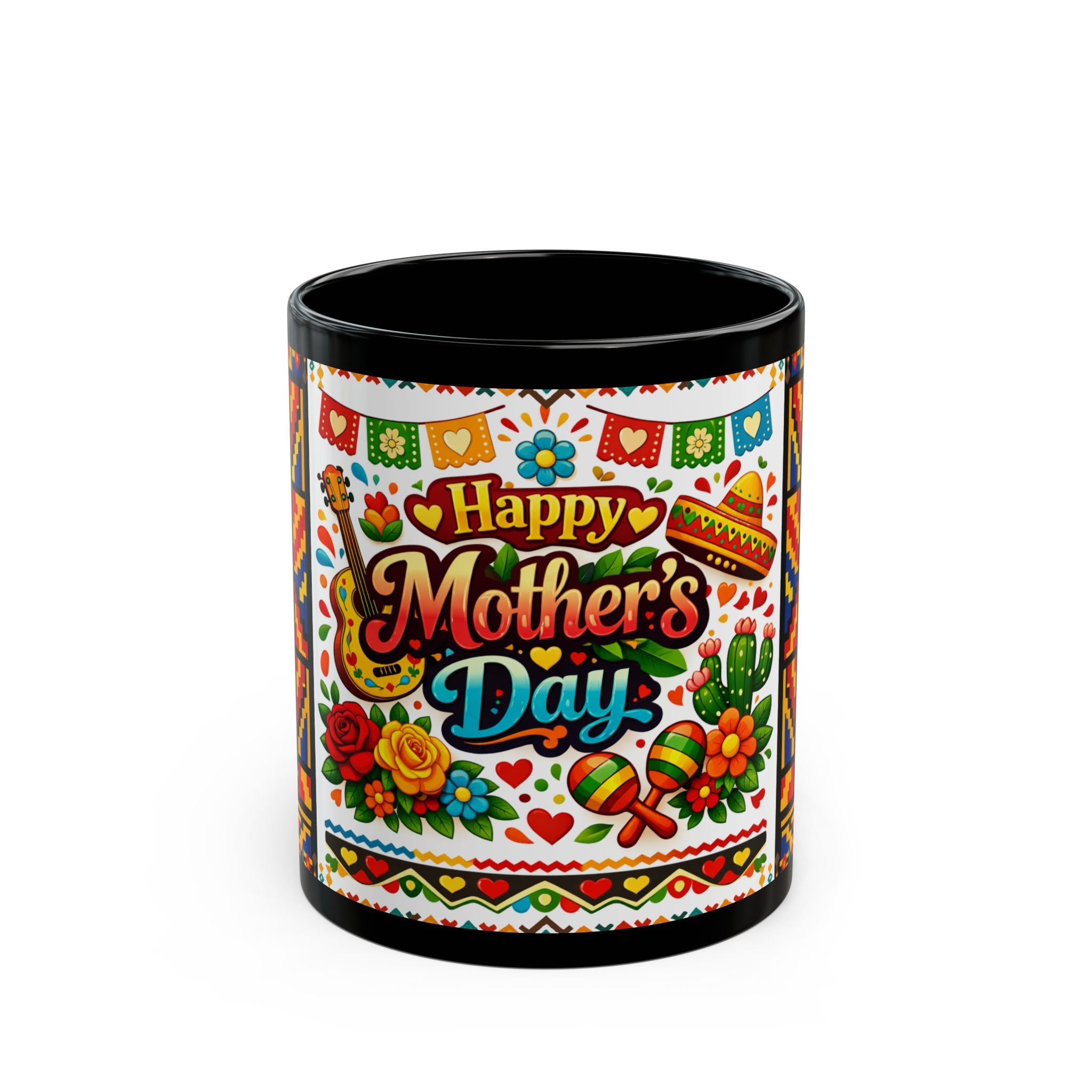 Happy Mother's Day Mexican Fiesta Mug — Colorful Floral & Sombrero Design (Black 11oz/15oz)