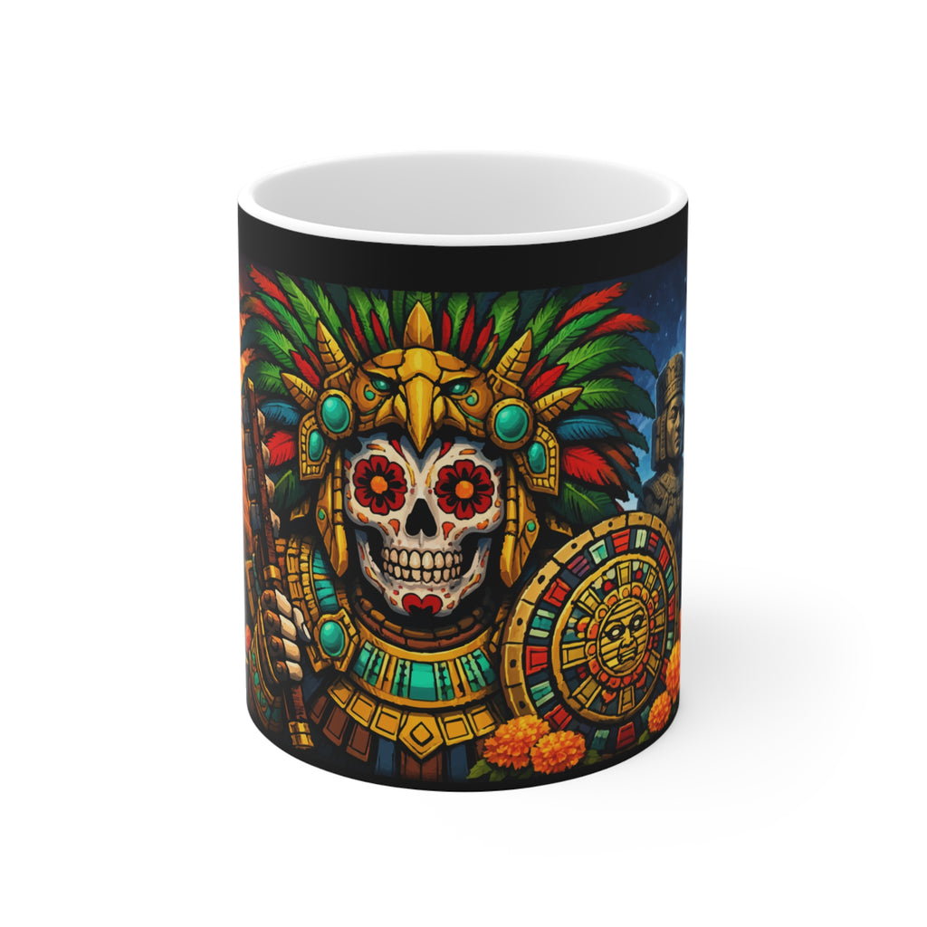 Day of the Dead Aztec Skull Mug — Dia de los Muertos 11oz Ceramic Coffee Cup