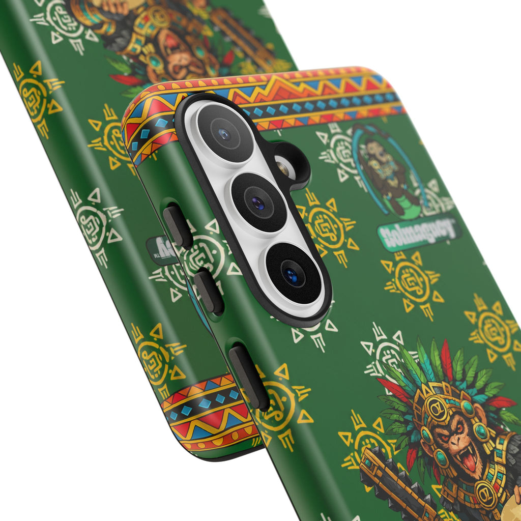 Aztec Monkey Warrior Tough Phone Case — Green Cultural Sun Pattern Protective Case