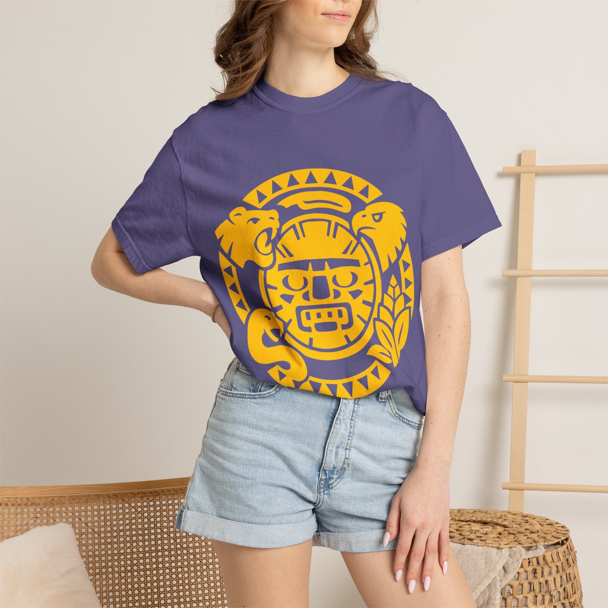 Aztec Sun Glyph T-Shirt — Yellow Graphic Tribal Tee