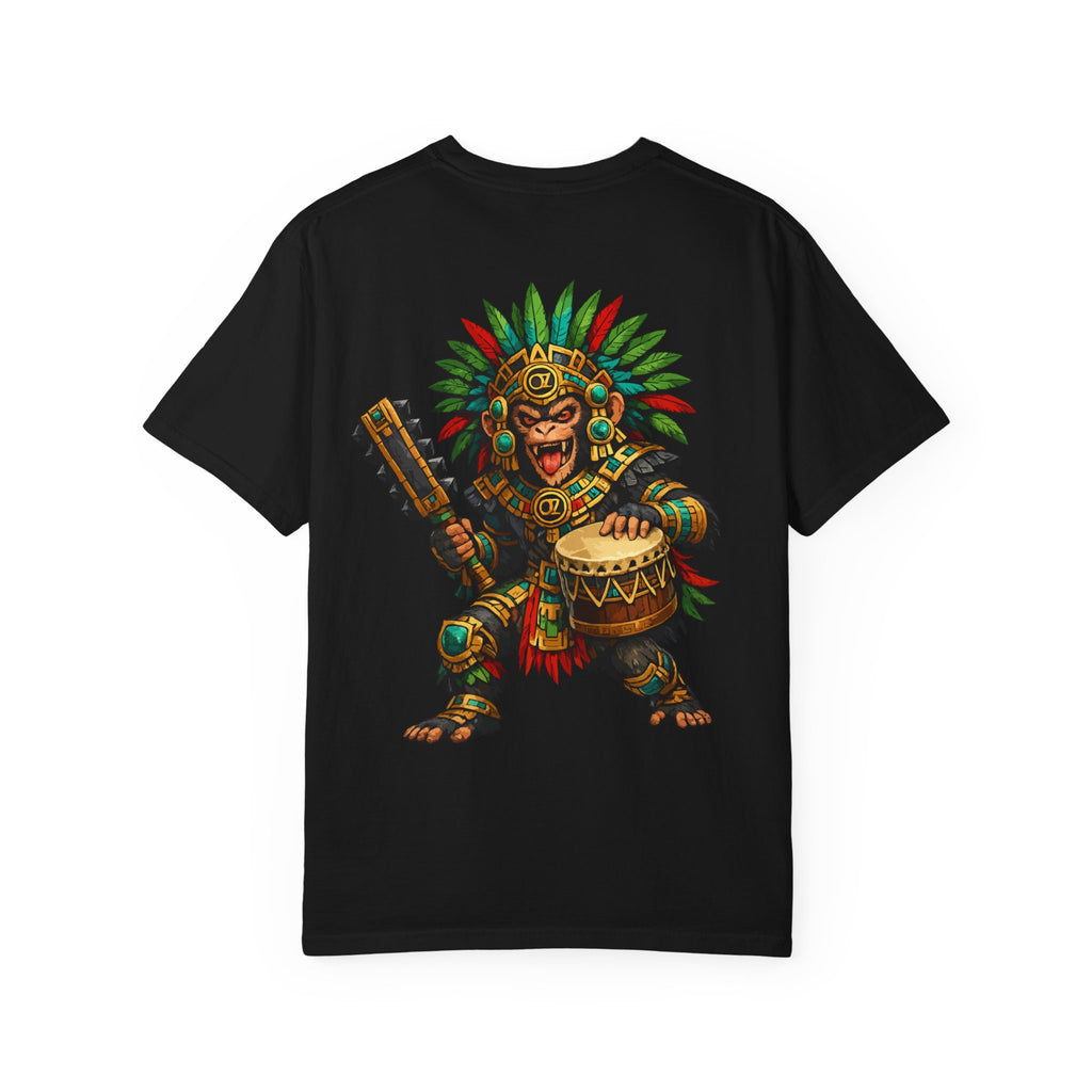 Aztec Monkey Warrior T-Shirt — Bold Warrior Emblem & Drum Warrior Back Design