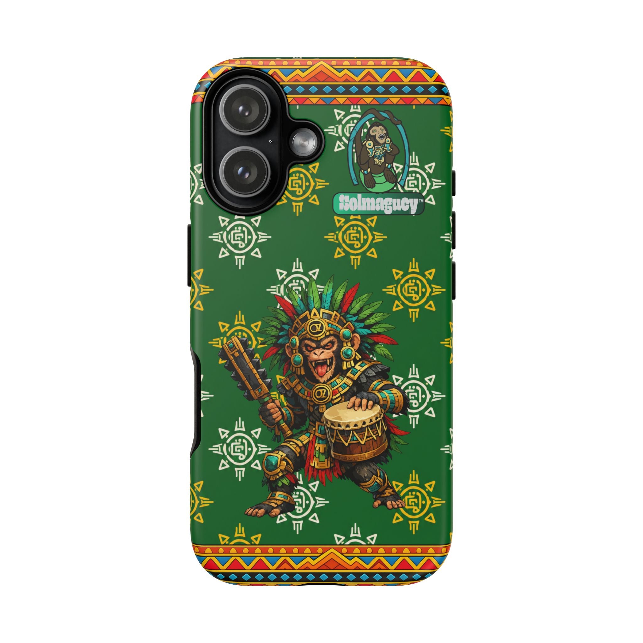 Aztec Monkey Warrior Tough Phone Case — Green Cultural Sun Pattern Protective Case