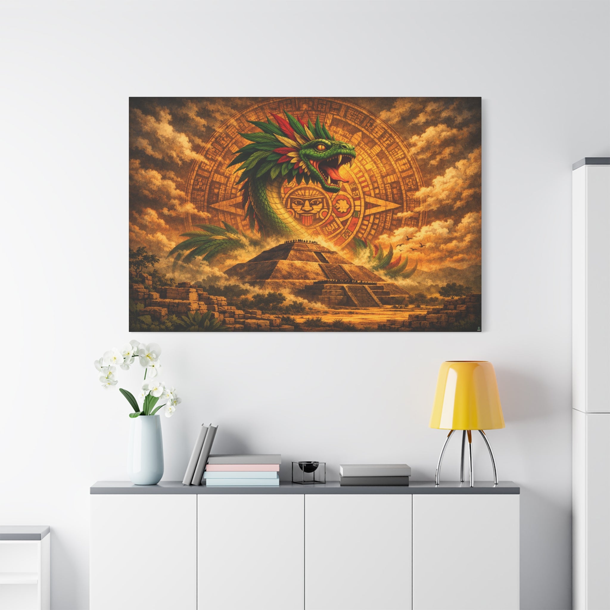 Quetzalcoatl Pyramid Canvas Wall Art – Mythic Aztec Serpent Print