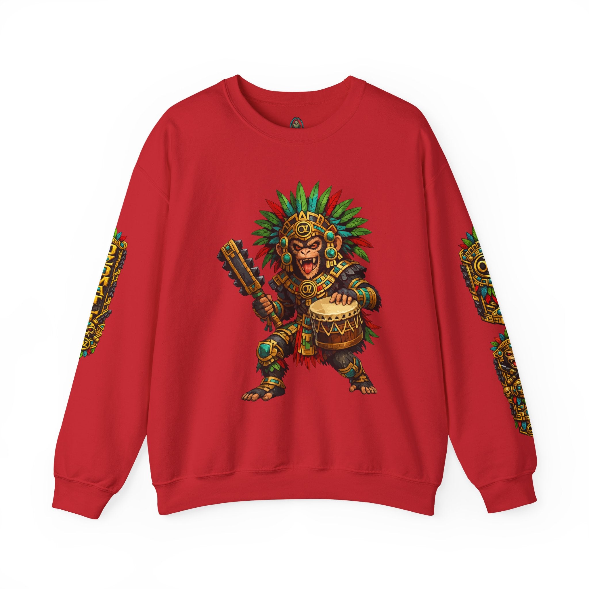 Aztec Tribal Monkey Drummer Crewneck Sweatshirt — Ozomatli Drum Warrior Design